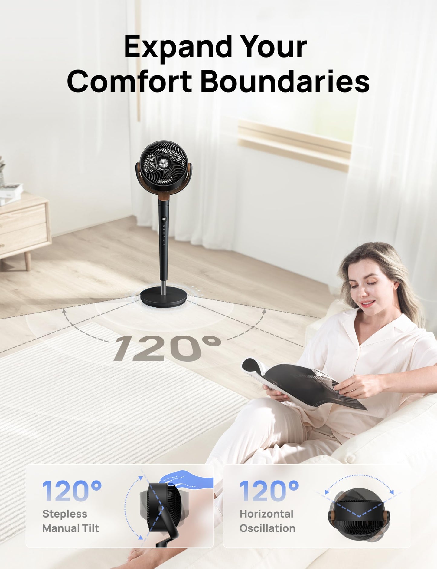 DREO Fan for Bedroom, 120° Oscillating Standing Fans, Quiet Floor Fan with DC Motor, 100ft Pedestal Fans for Room, 9 Speeds, 4 modes, 20dB, 120° Manual Vertical, 37-42" Adjustable Height, 9H Timer