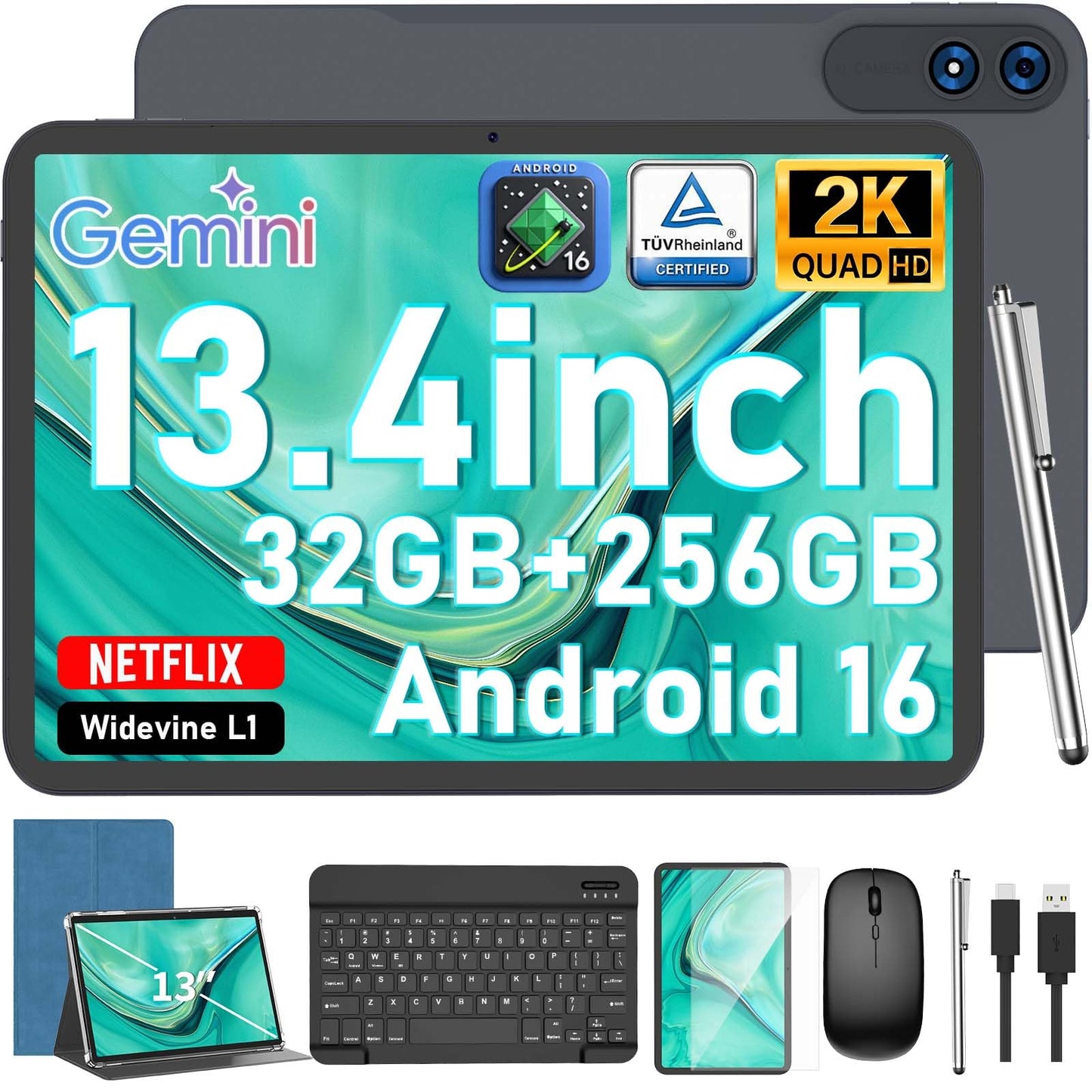JJGJ 13 Inch Tablet, Android 16 Tablet with Keyboard, 32GB+256GB+2TB Expand, 120Hz 1920x1200 IPS Display, Gemini AI, 10000mAh, 8-Core, Wi-Fi, GPS, Large Screen 2K Tablet PC with Case, Mouse, Stylus