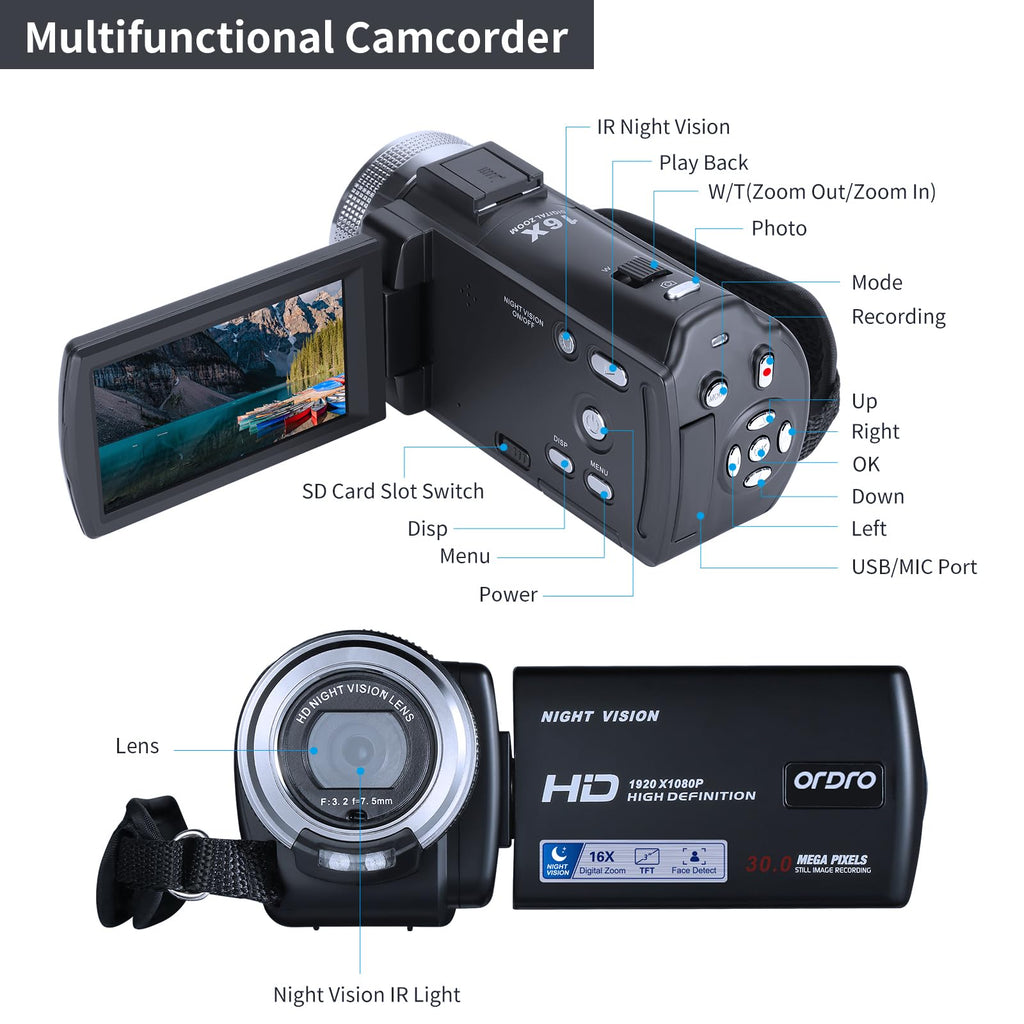 ORDRO HDV-V12 Video Camera Full HD Camcorder Digital Recorder | 1080P 30FPS 30MP | 3.0 Inch Rotation LCD | 16X Digital Zoom | Infrared Night Vision - Black (V12+16GB Card)