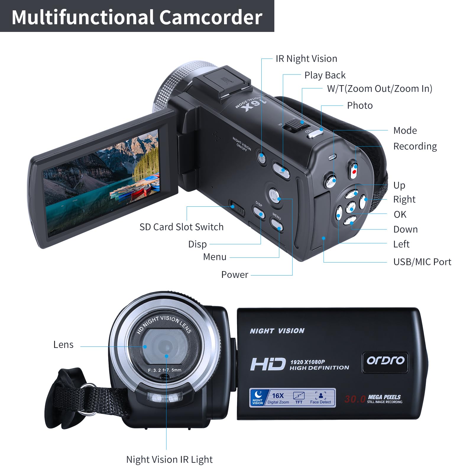 ORDRO HDV-V12 Video Camera Full HD Camcorder Digital Recorder | 1080P 30FPS 30MP | 3.0 Inch Rotation LCD | 16X Digital Zoom | Infrared Night Vision - Black (V12+16GB Card)