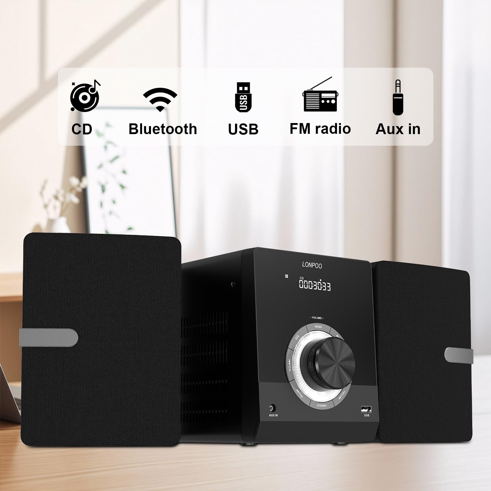Compact Stereo System Speakers with CD Player, Bluetooth, FM Radio, Aux-in, USB-in, Earphone Jack, DSP-Tech, Remote, 30W Crisp-Sound Shelf Stereo System for Home
