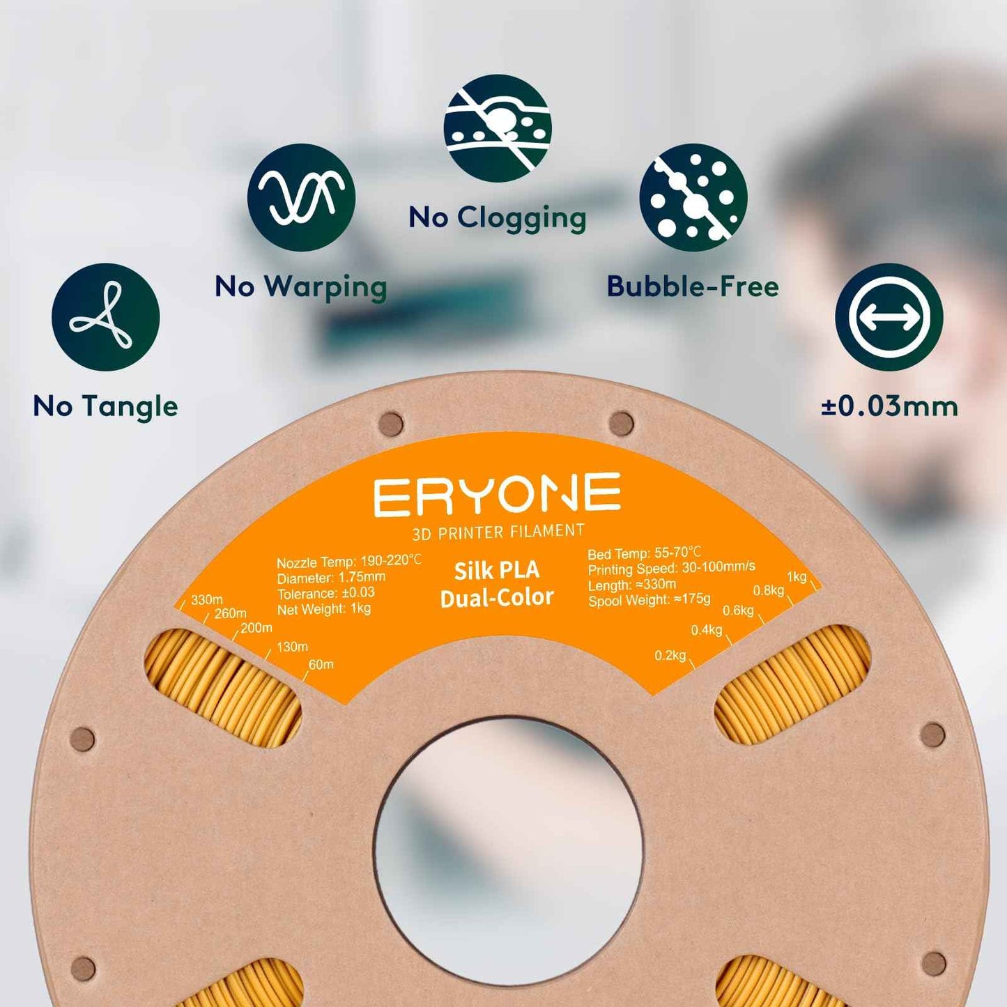 ERYONE Silk Color PLA Filament 3D Printer 1.75mm +/- 0.03mm, Filament PLA Cardboard Spool