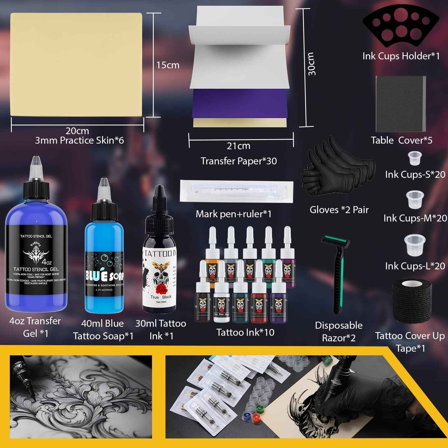 Tattoo Skin Practice Kit, Starter Tattoo Practice Kits with 2Pcs 3mm Fake Skins for Tattooing, 5Pcs Transfer Stencil Paper for Beginners Tattoo Practice Supplies