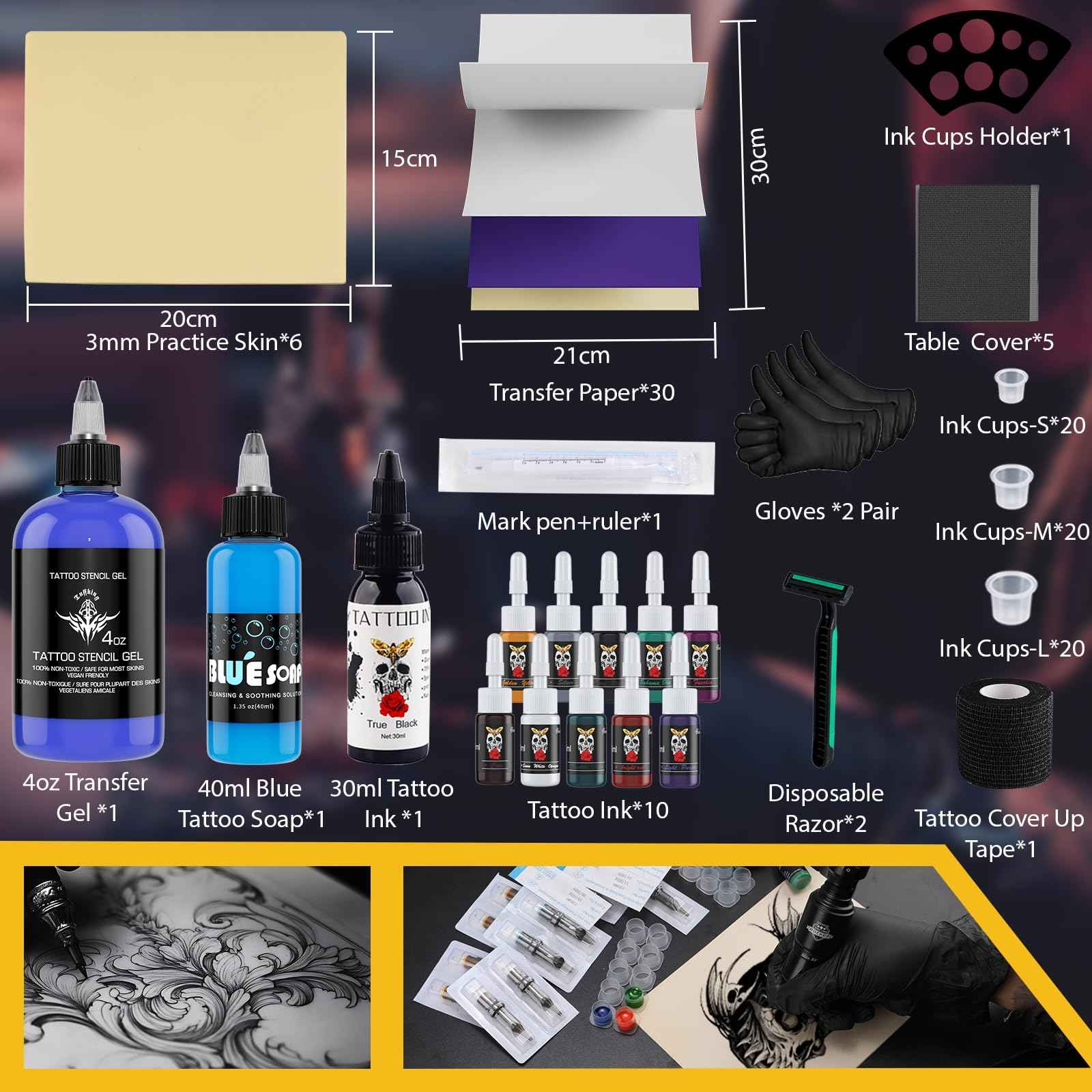 Tattoo Skin Practice Kit, Starter Tattoo Practice Kits with 2Pcs 3mm Fake Skins for Tattooing, 5Pcs Transfer Stencil Paper for Beginners Tattoo Practice Supplies
