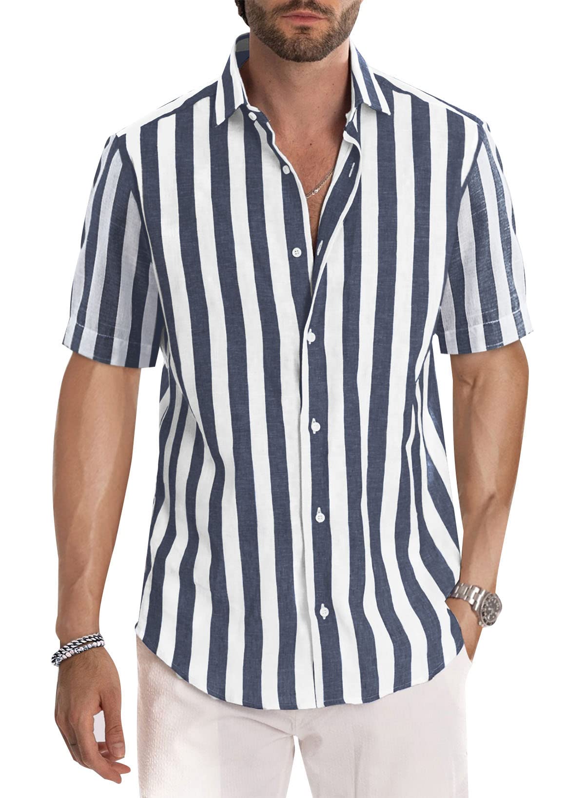 JMIERR Men's Casual Stylish Short Sleeve Button-Up Striped Dress Shirt Cotton Beach Shirts