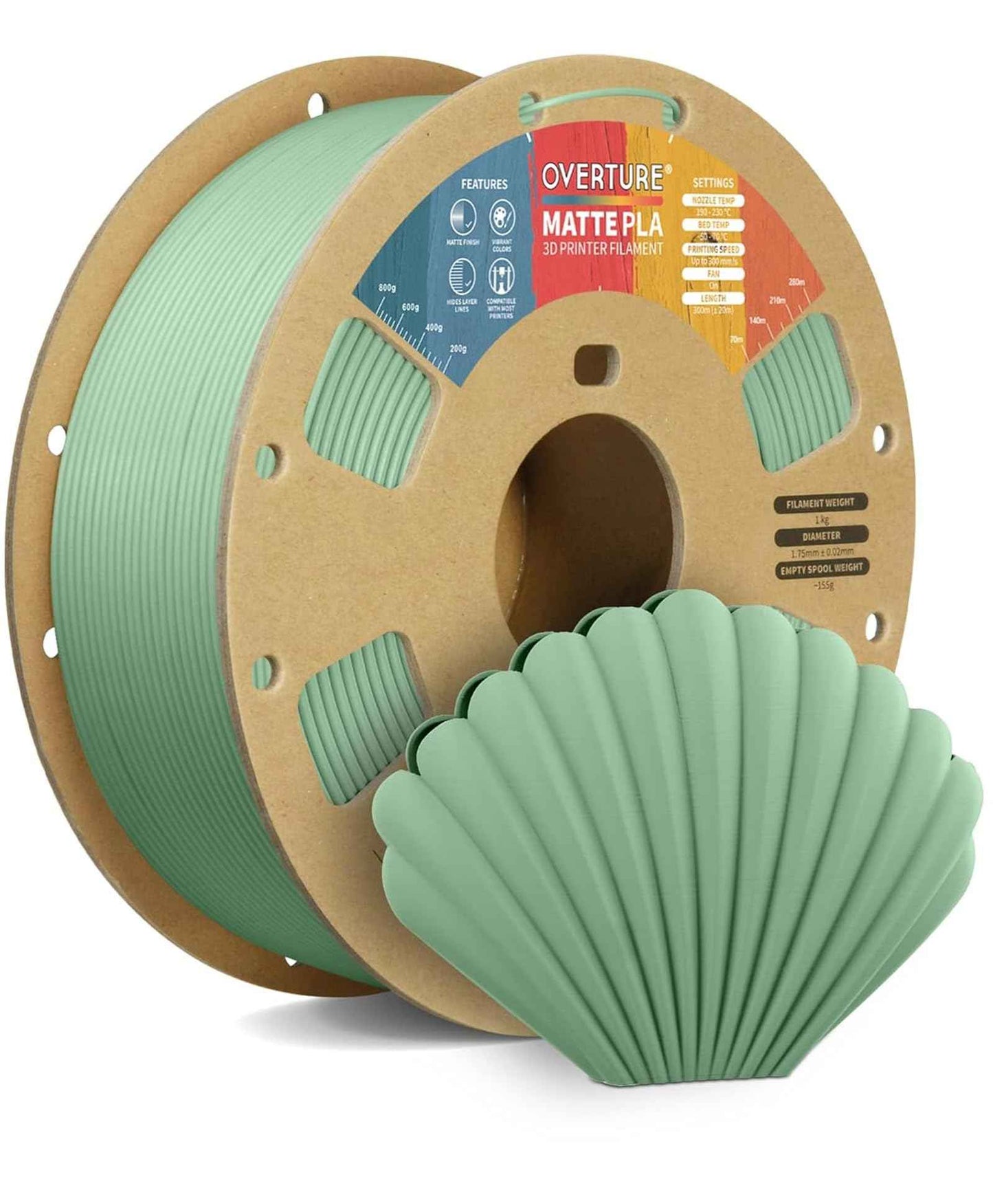 OVERTURE Matte PLA 3D Printer Filament 1.75mm, Matt Surface & Low Warping Filament 1kg Spool (2.2 lbs), Accuracy +/- 0.02 mm, Fit Most FDM Printers