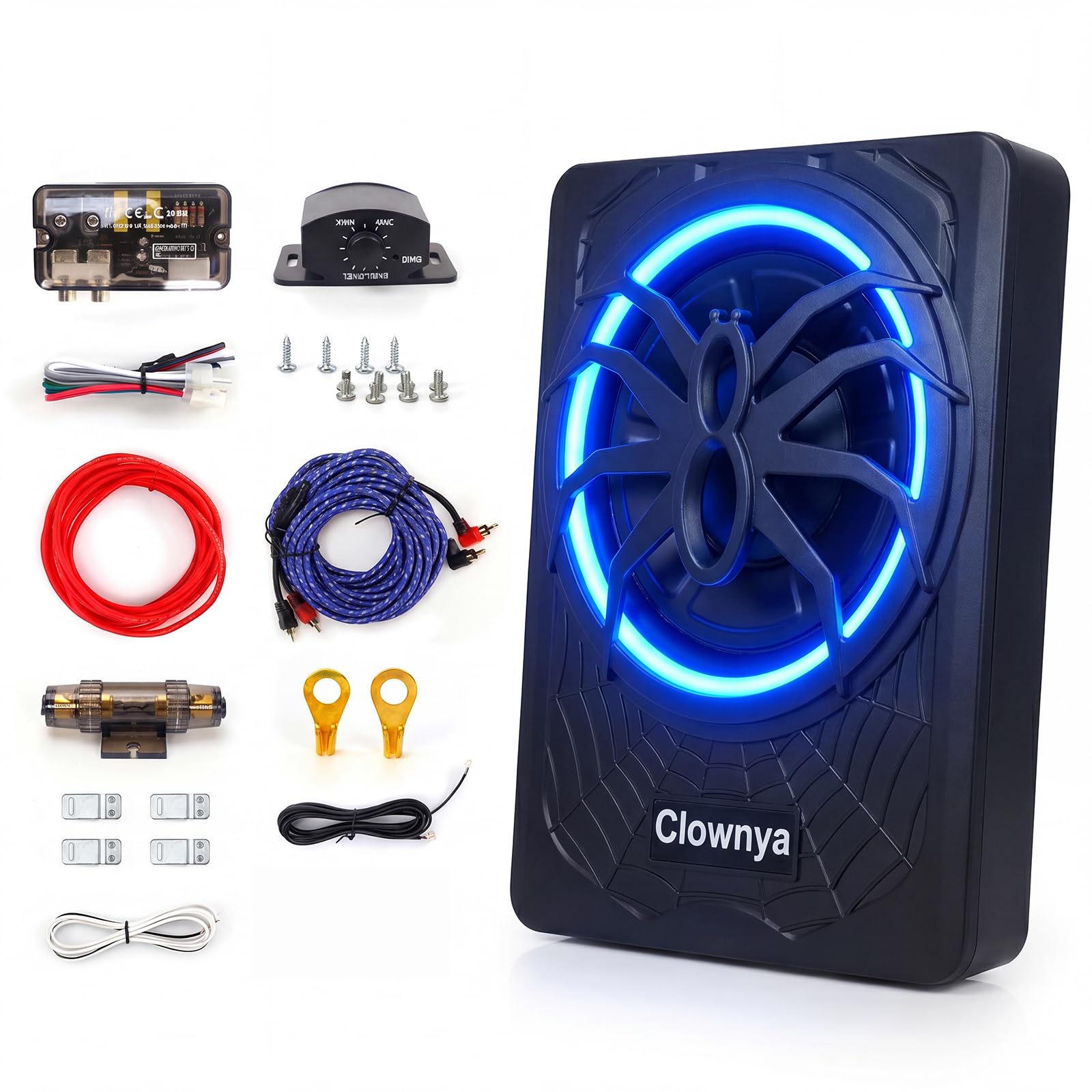 10" 1200W Slim Under-Seat Powered Car Subwoofer with Built-in Amplifier, High/Low Level Inputs, Blue LED Ambient Light, Remote Control for Gain, Bass Boost & LPF, Deep Bass for Truck/SUV/Jeep/MPV