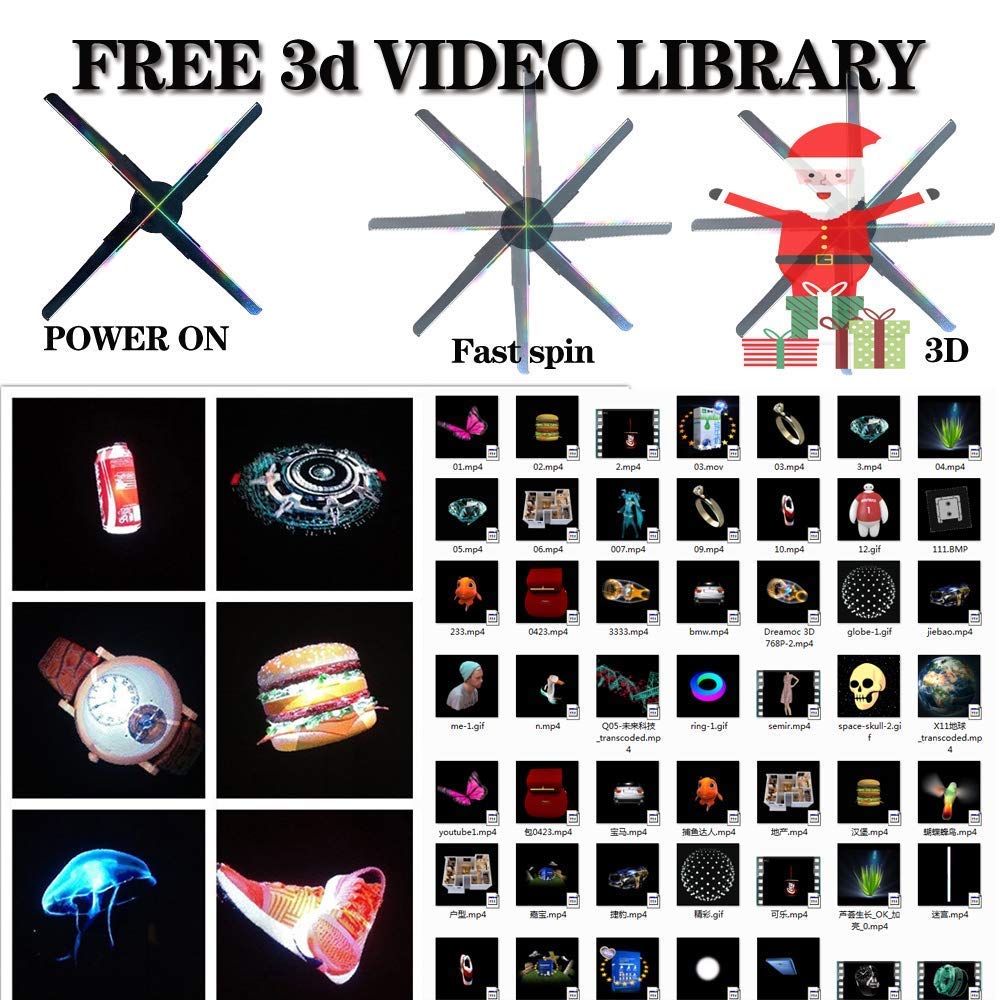 3Dhologramfan Projector HD LED Holographic Christmas Tree Advertising Display with Remote Bluetooth WiFi,1500 Video Library for Business,Bar,Halloween