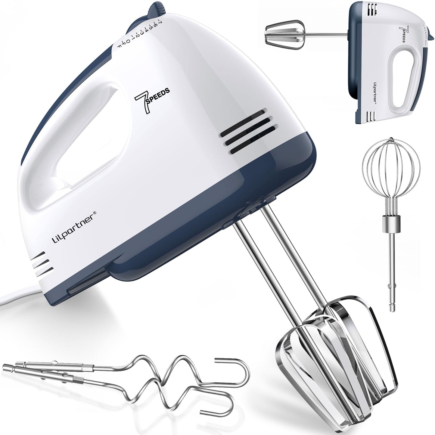 LILPARTNER Hand Mixer Electric, Ultra Power Kitchen Hand Mixer With 7-Speed & 5 Stainless Steel Accessories for Whipping Dough, Cream, Cake, Dishwasher Safe, Pink