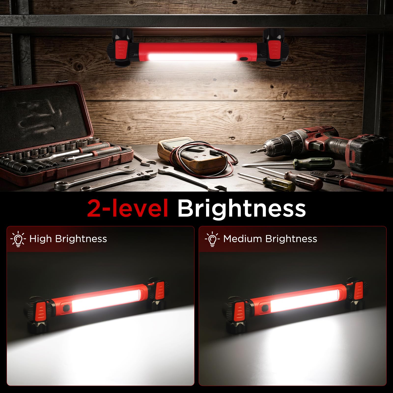 Work Light, ropelux 2500 Lumens Rechargeable Automotive Mechanic Under Hood Lights, 5200mAh Cordless Magnetic Trouble Light Bar with Hooks for Car Repair, Camping, Emergency, Ideal Tool Gift, 1Pcs