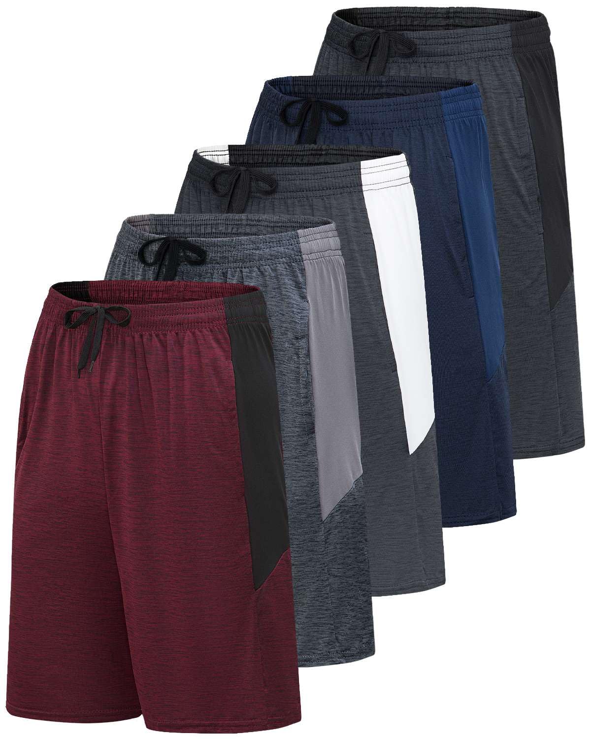 Real Essentials Men’s 5 Pack: 9" Dry-Fit Shorts – Athletic Gym, Workout, Basketball, Running, Casual Lounge Active Pockets