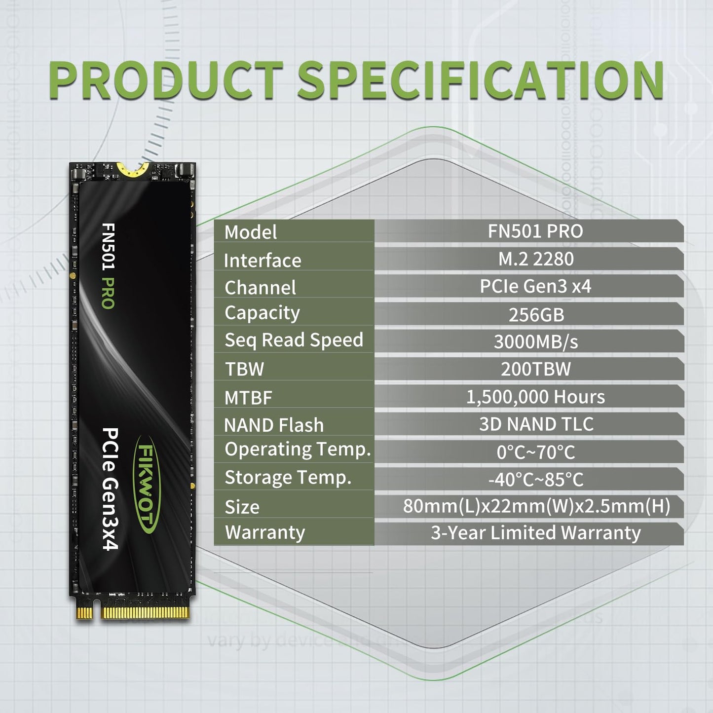 Fikwot FN501 Pro NVMe SSD - M.2 2280 PCIe Gen3 x4 Internal Solid State Drive with Graphene Cooling Sticker, Up to 3,500MB/s, SLC Cache 3D NAND TLC, Compatible with Laptop & PC Desktop