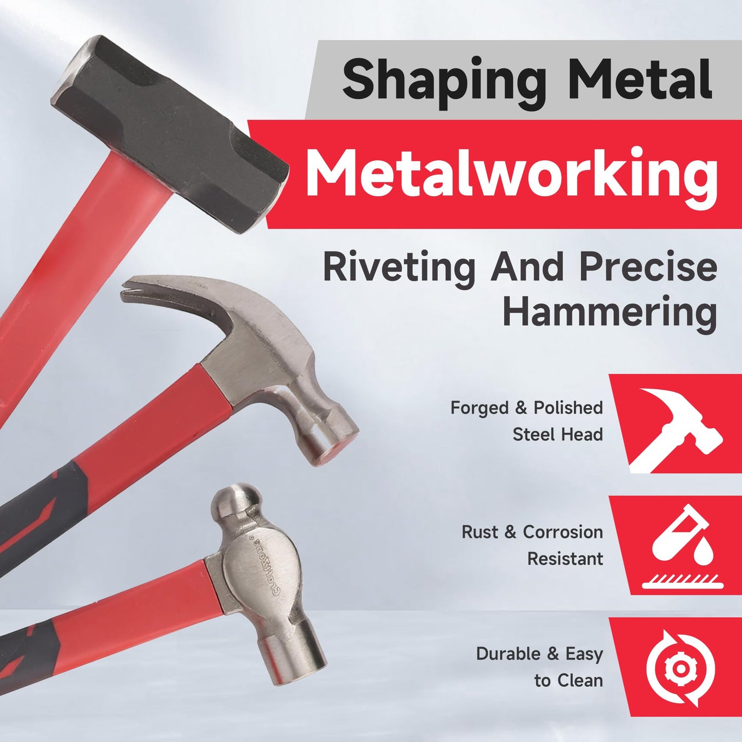 6-Piece Rubber Mallet Hammer Set with 2lb Dead Blow - 3lb Sledge & Stoning - 16oz Ball Peen Claw Hammers | Anti-Vibration Fiberglass Handles for Construction Metalworking Automotive & DIY Projects
