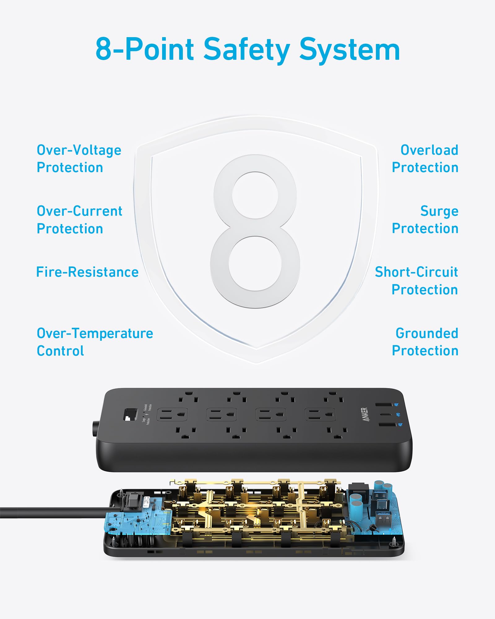 Surge Protector Power Strip (2100J)，Anker 12 Outlets with 1 USB C and 2 USB Ports ，for iPhone 15/15 Plus/15 Pro/15 Pro Max, Extension Cord, Flat Plug, 20W Charging.