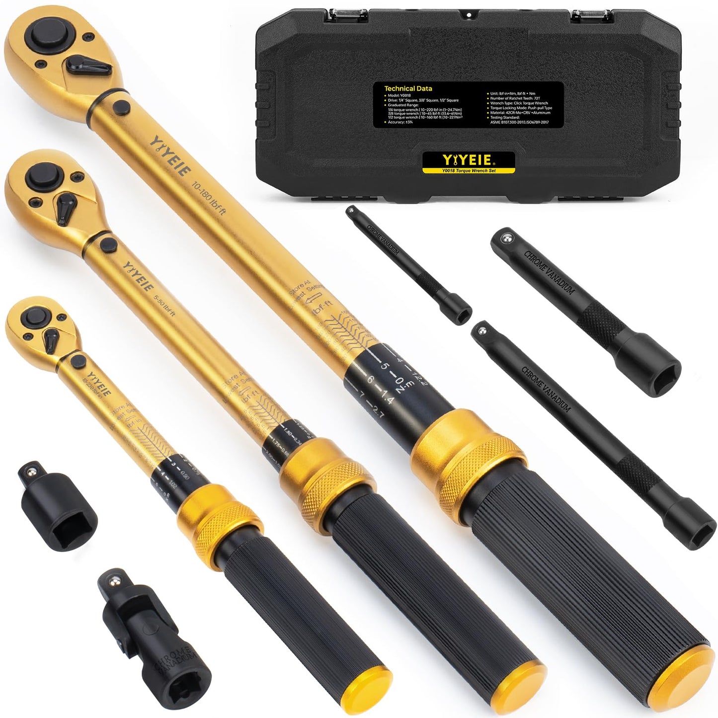 YIYEIE Master Torque Wrench Set with 1/4" 3/8" & 1/2" Drive Coverage with Dual-Scale