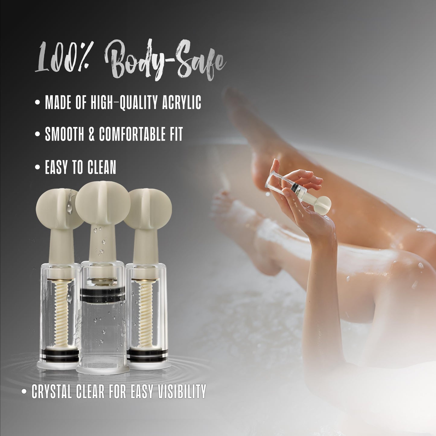 Blush Novelties Temptasia Clit & Nipple Twist Suckers, Set of 3 Adjustable Suckers, Twist to Increase Vacuum, Heighten Sensitivity & Arousal - 1.25" Width Durable Acrylic Cylinders - Sex Toy for Women