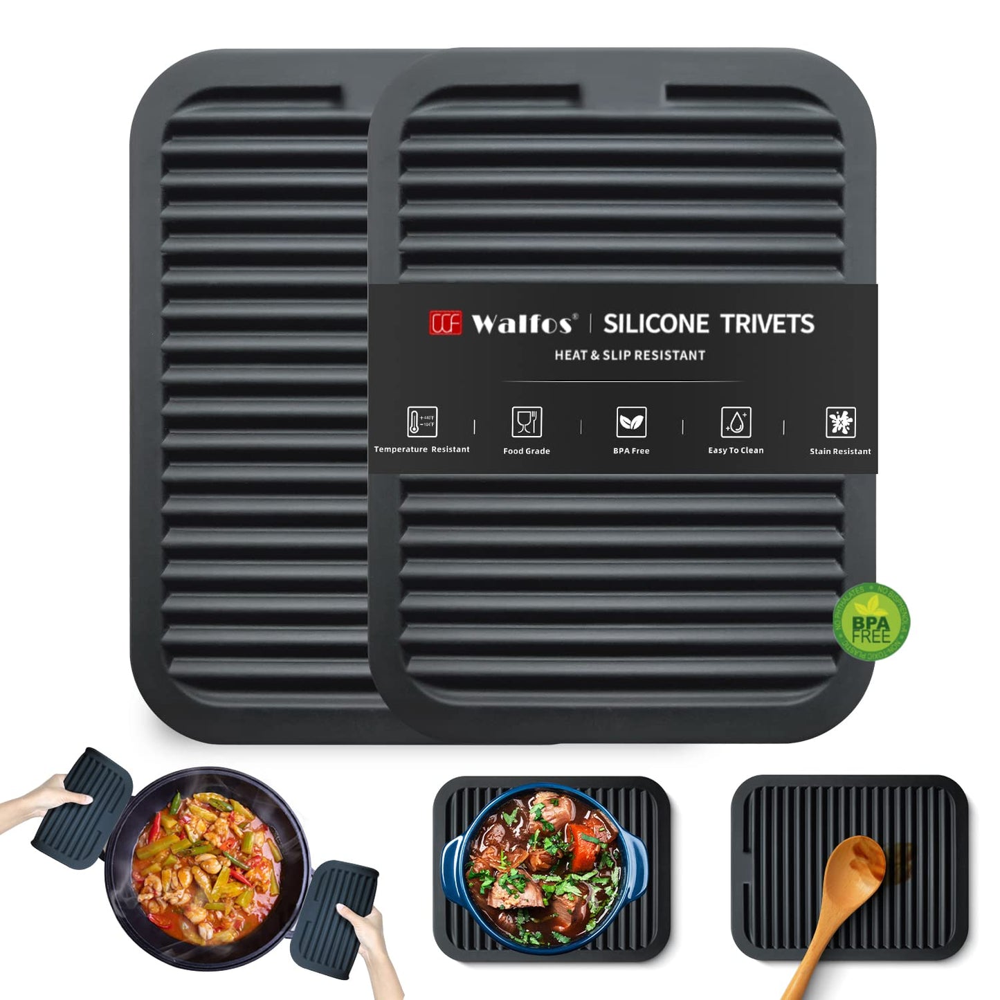 Walfos Silicone Trivets Set - Heat Resistant Pot Holder, Non-Slip & Flexible,Multi-Purpose Kitchen Table Mat, Prefect for Hot Dishes,Spoon Holder, Oven Mitt