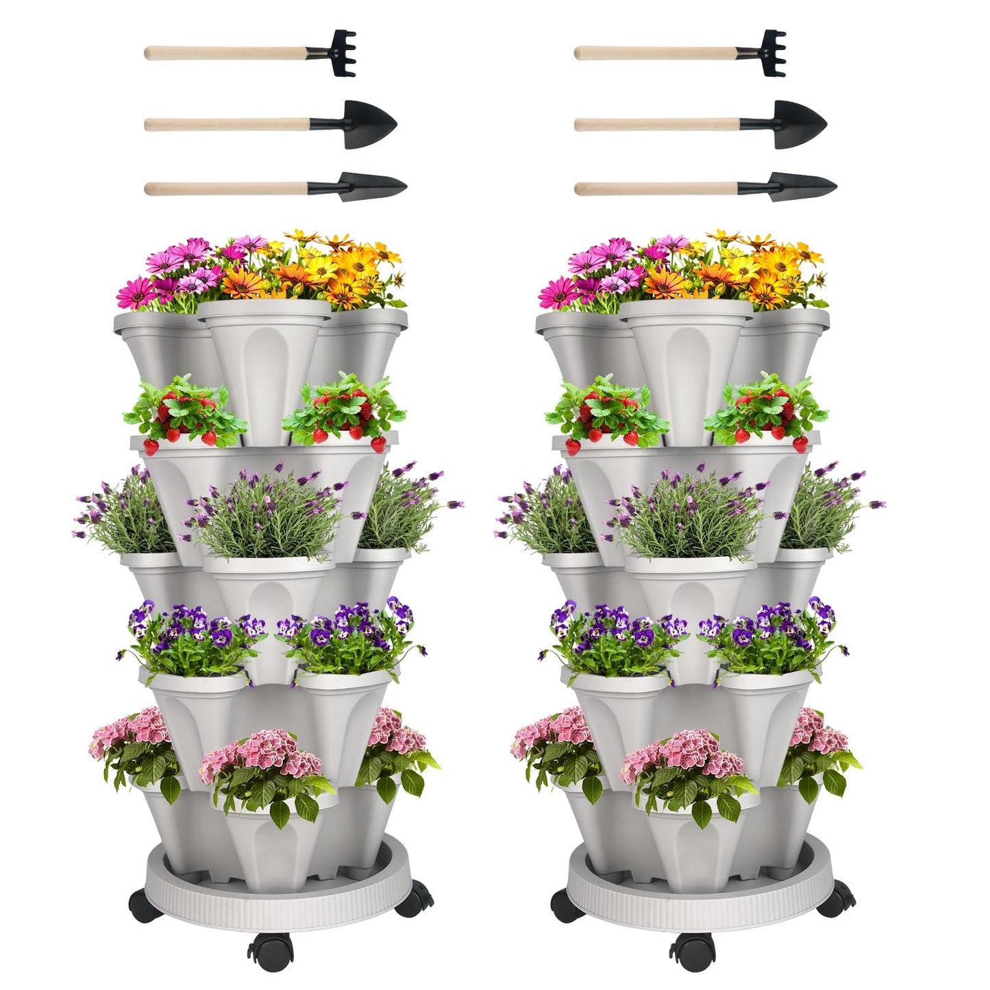GameXcel Vertical Planter Tower - Multi-Tier Stackable Garden Planters with Wheels and Tools Plant Pots for Strawberry Herb Flower and Vegetable Indoor Outdoor Use Multicolor
