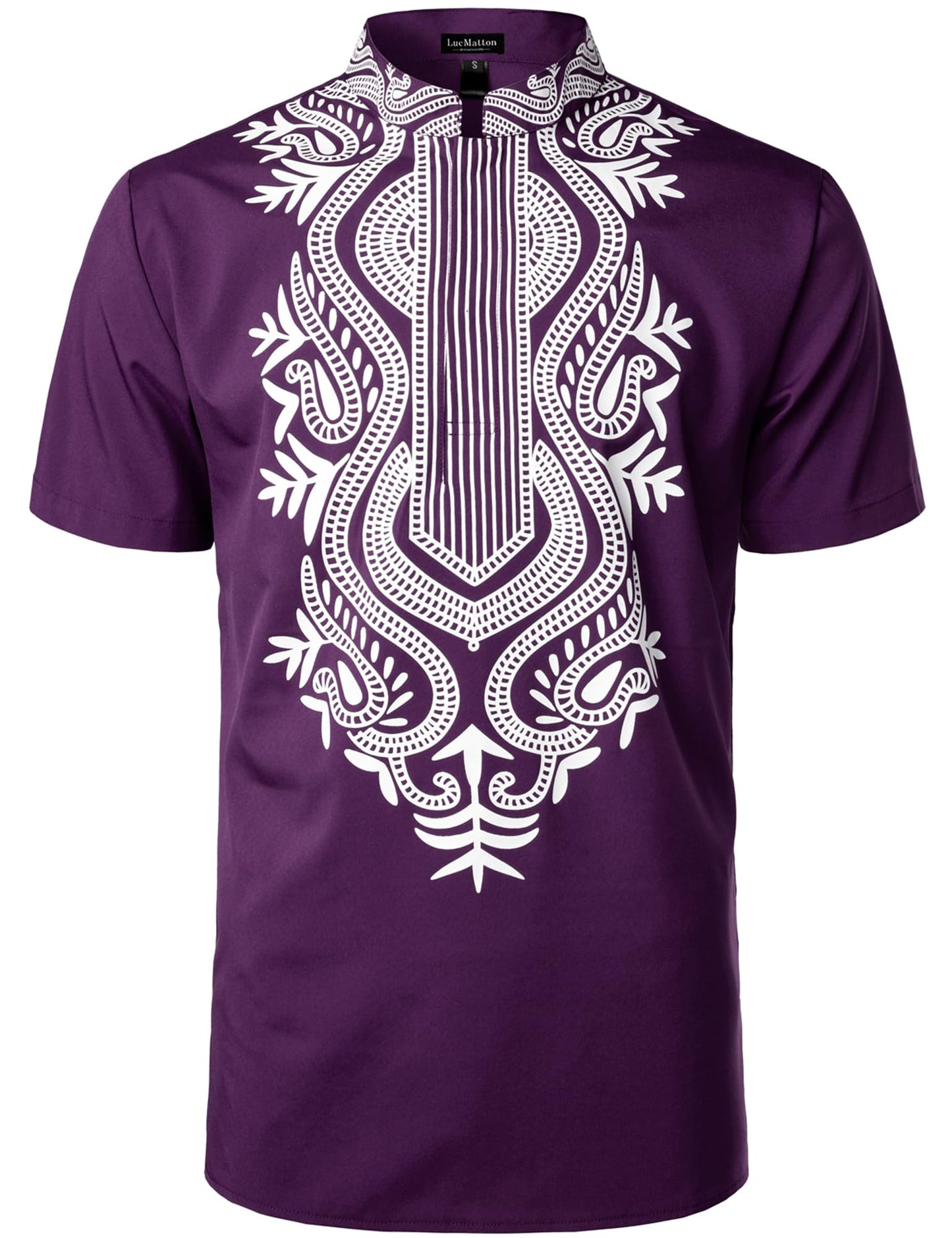 LucMatton Men's African Short Sleeve Hidden Button Shirt Metallic Foil Stamping Dashiki T Shirt