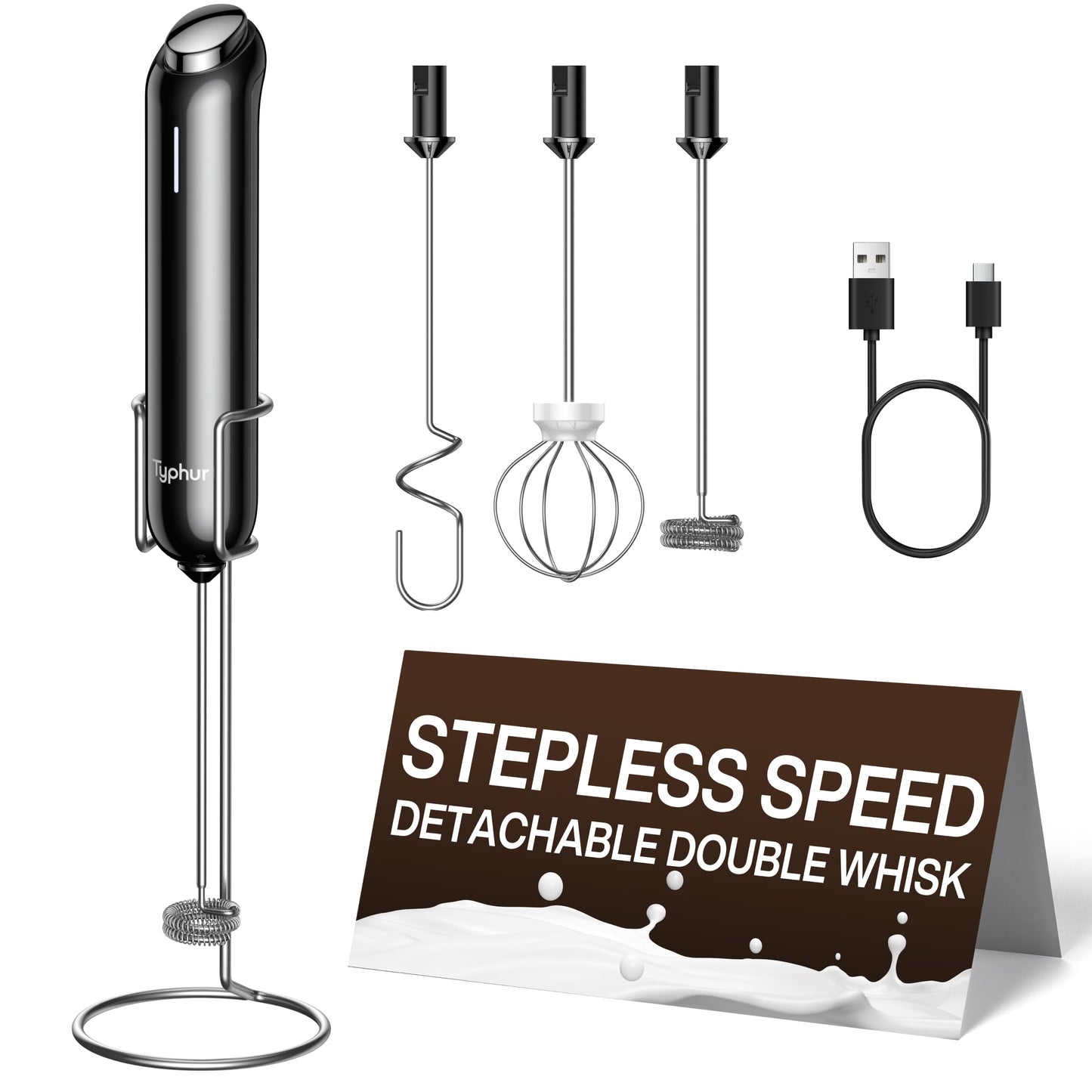 InstaWhisk Milk Frother with Variable Speed, Rechargeable Coffee Frother Wand with Detachable Double Whisk, Handheld Electric Stirrer for Latte, Cappuccino, Almond Milk, Protein