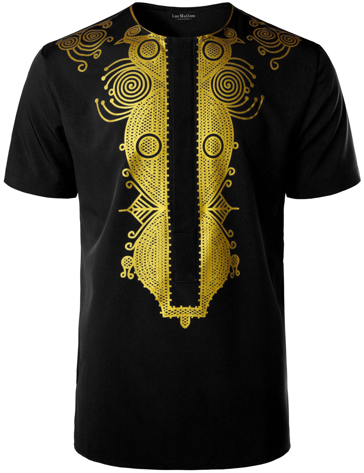 LucMatton Men's African Short Sleeve Hidden Button Shirt Metallic Foil Stamping Dashiki T Shirt