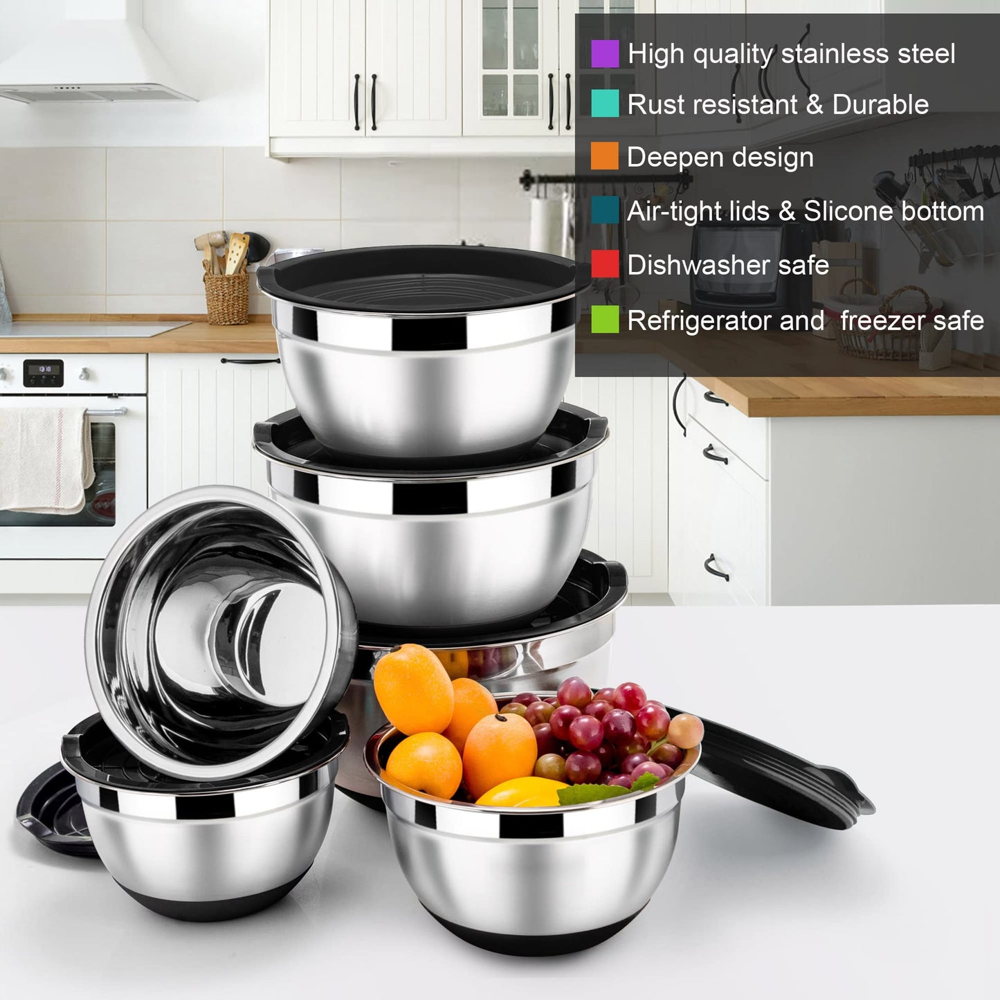 LIANYU 6-Piece Stainless Steel Mixing Bowls with Lids Set