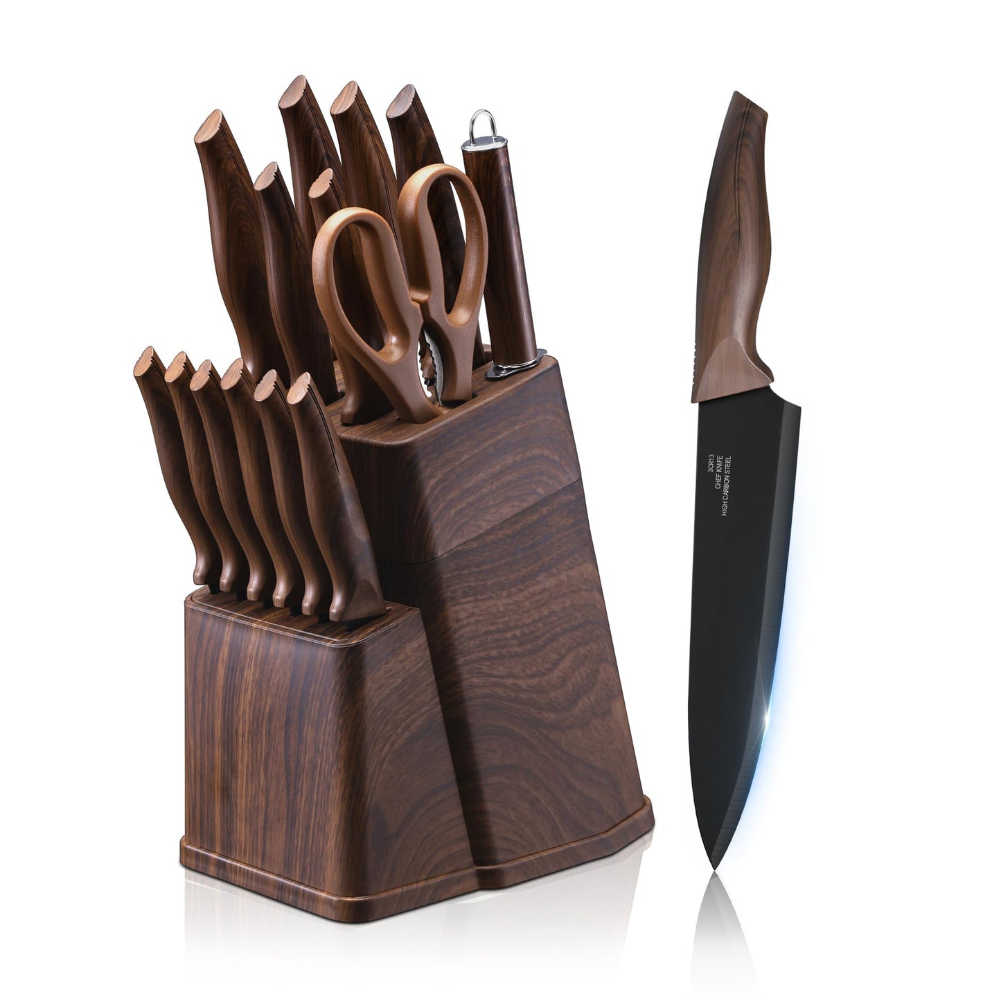 E-far 15-Piece Black/Khaki/White/Pink/Walnut Kitchen Knife Block Set