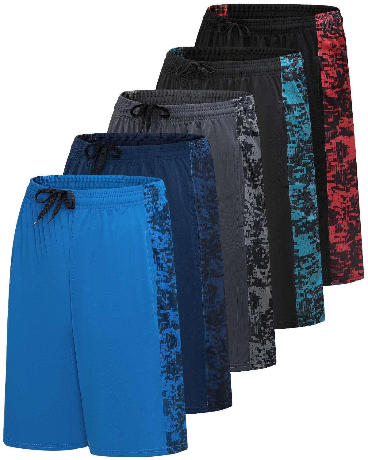 Real Essentials Men’s 5 Pack: 9" Dry-Fit Shorts – Athletic Gym, Workout, Basketball, Running, Casual Lounge Active Pockets