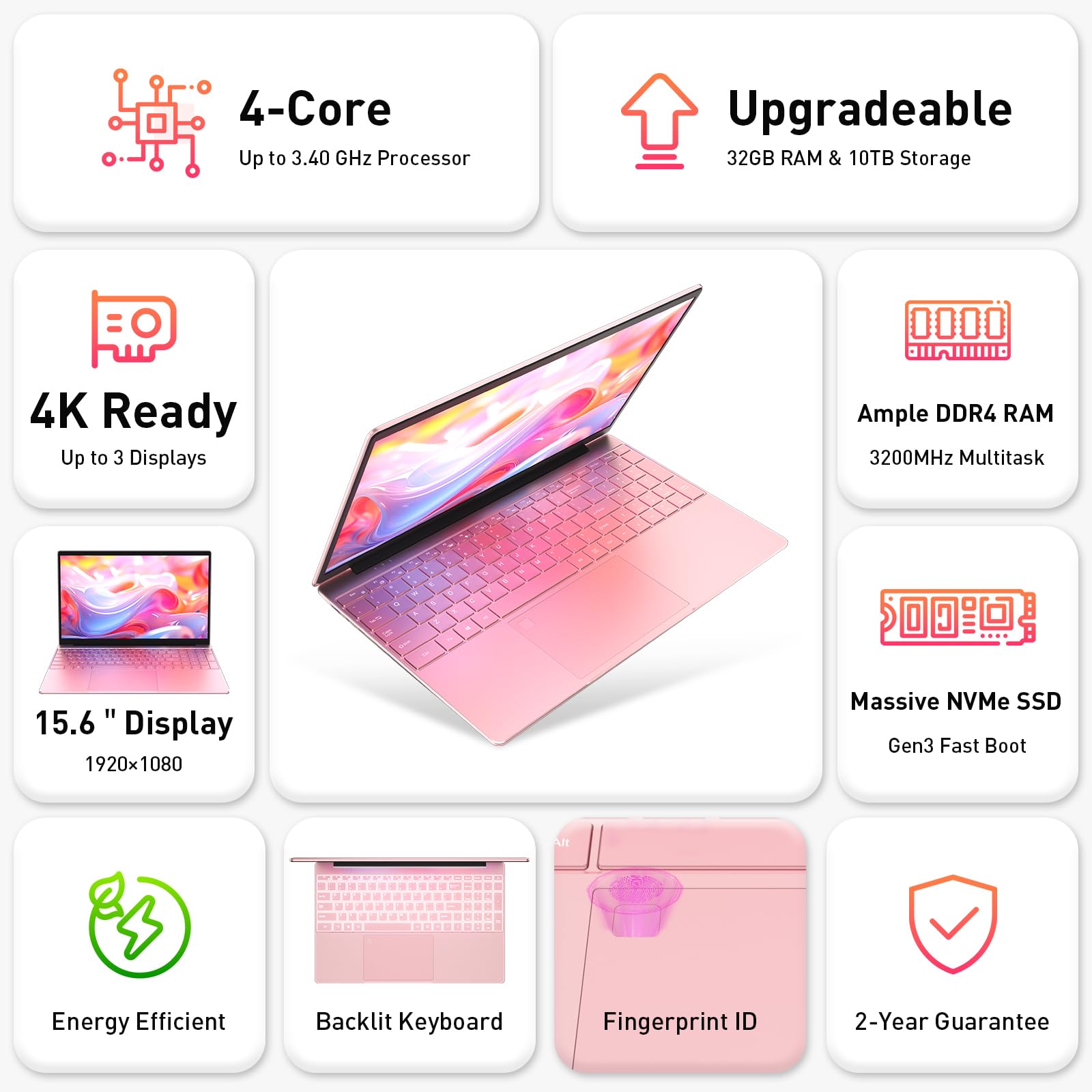 Auusda Business Laptop Computer for Work, Notebook PC for College Students, FHD Display, 4-Core Processor, Backlit Keyboard, Fingerprint ID, Up to 10TB Storage