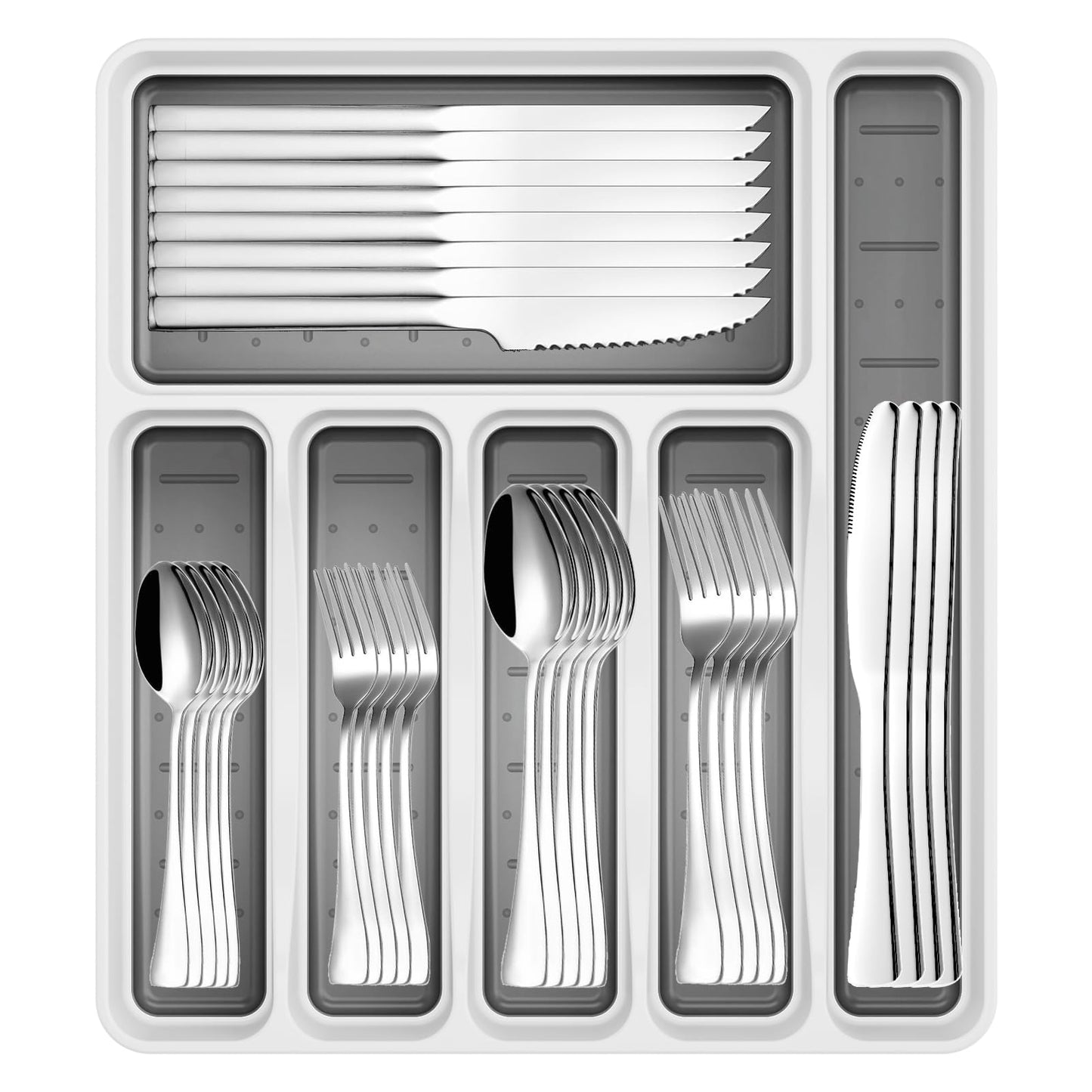 49-Piece Silverware Set with Organizer, Stainless Steel Flatware Utensils Set for 8, Forks and Spoons Silverware Set Cutlery Set with Steak Knives, Dishwasher Safe
