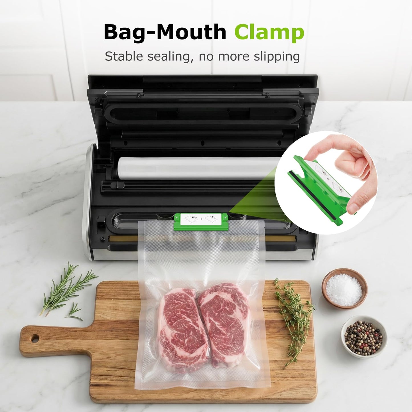 Bonsenkitchen Vacuum Sealer for Food, One-Hand Operation Food Vacuum Sealer Machine with 0.2-inch wider seal, Built-in Cutter and Bag Storage