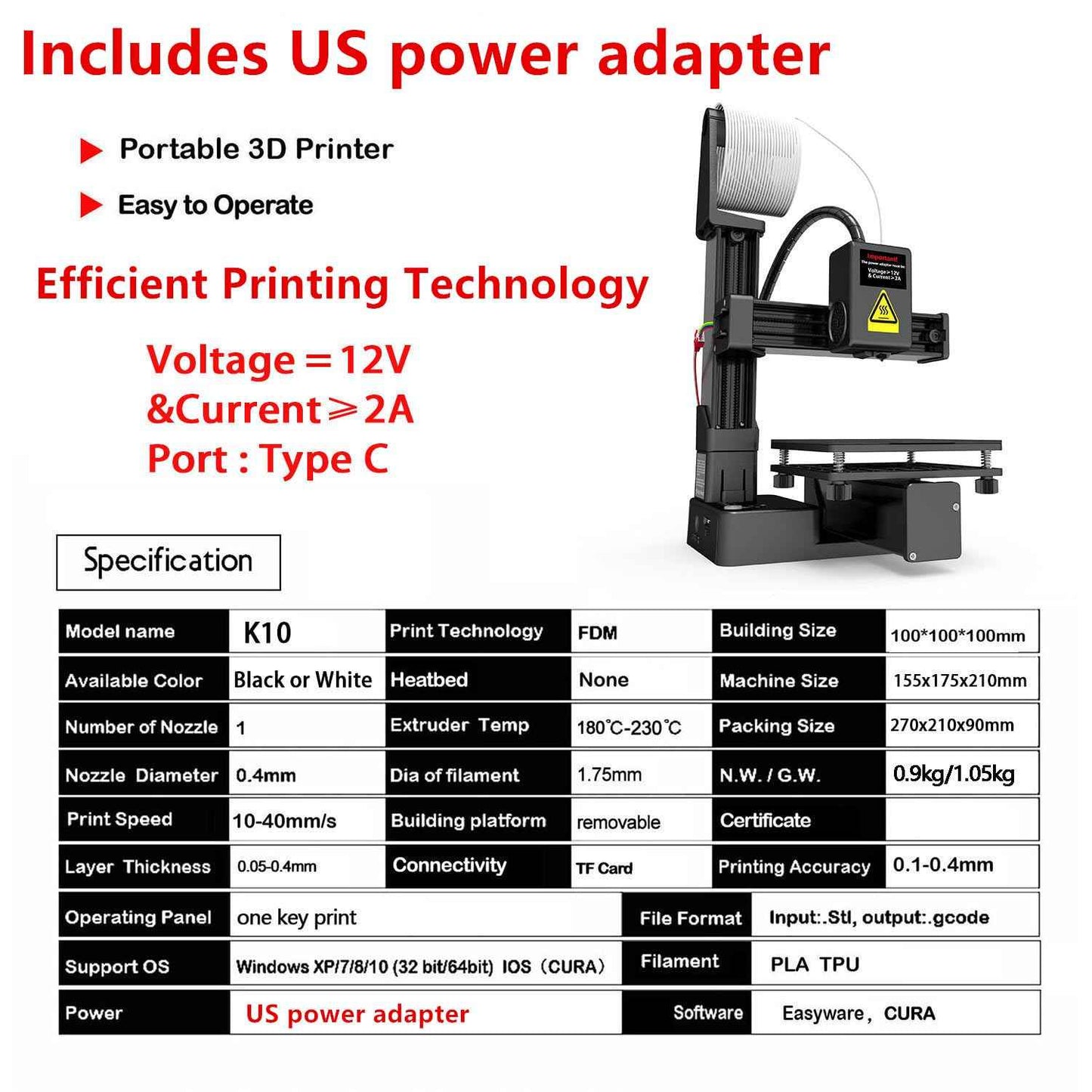 Portable 3D Printer - Compact FDM 3D Printer with Removable Build Plate, PLA & TPU Filament Compatibility, 0.4mm Nozzle, 100x100x100mm Build Volume, Easy-to-Use Design for Beginners