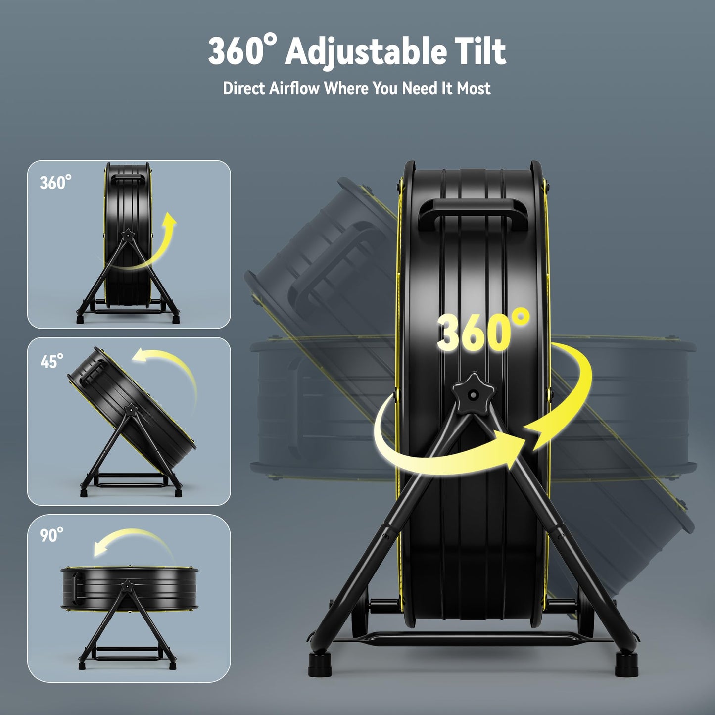 Tehanld High Velocity Industrial Drum Fan, 3-Speed Heavy Duty Metal Floor Fan with 360° Tilt for Garage, Workshop, Factory & Basement