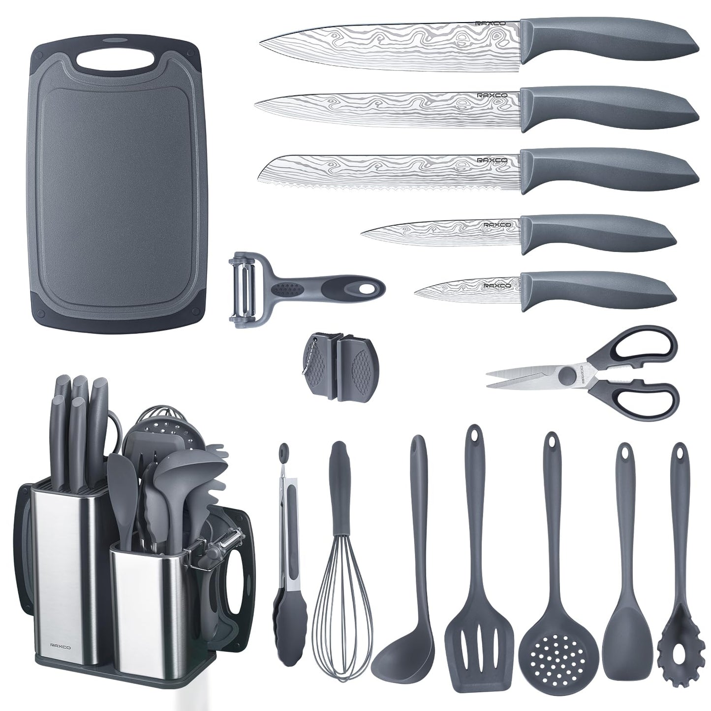 RAXCO Kitchen Utensils Set For Cooking-7 Cooking Utensils,5 Kitchen Utensils,6 Knife set,utensilios de cocina(18-in-1)