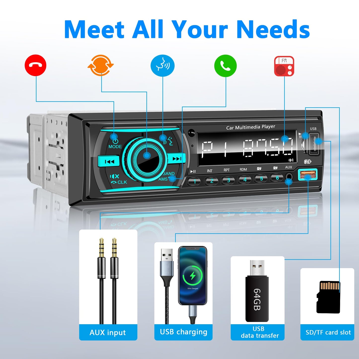 Marine Radio Single DIN Bluetooth Car Stereo System, Boat Radio Receiver Head Unit with Built-in Mic, Digital LCD, FM, EQ, MP3, RCA, USB, TF Card & Remote Control for Audio Upgrade