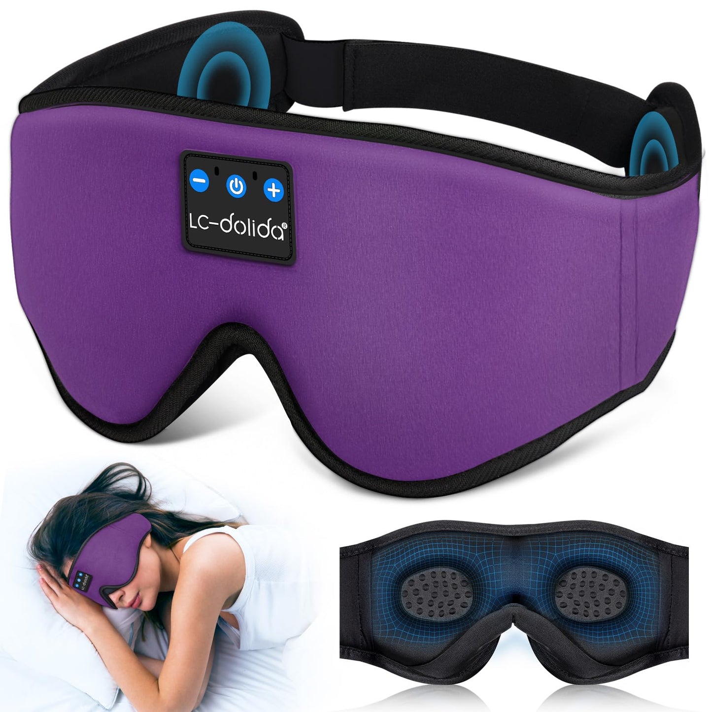 LC-dolida Sleep Headphones, 3D Sleep Mask Bluetooth Wireless Music Eye Mask, Sleeping Headphones for Side Sleepers
