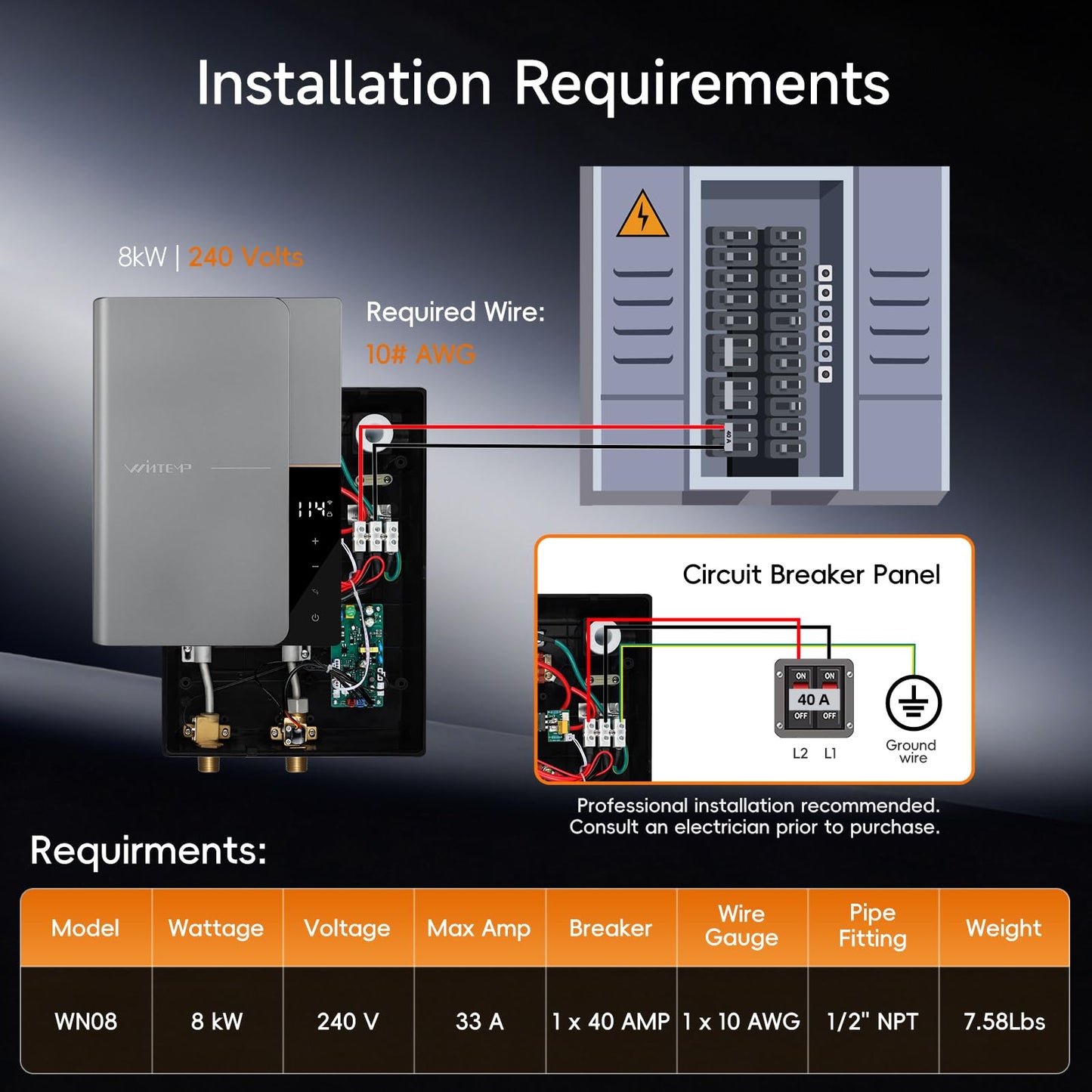 Wintemp Electric Tankless Water Heater WN 240V