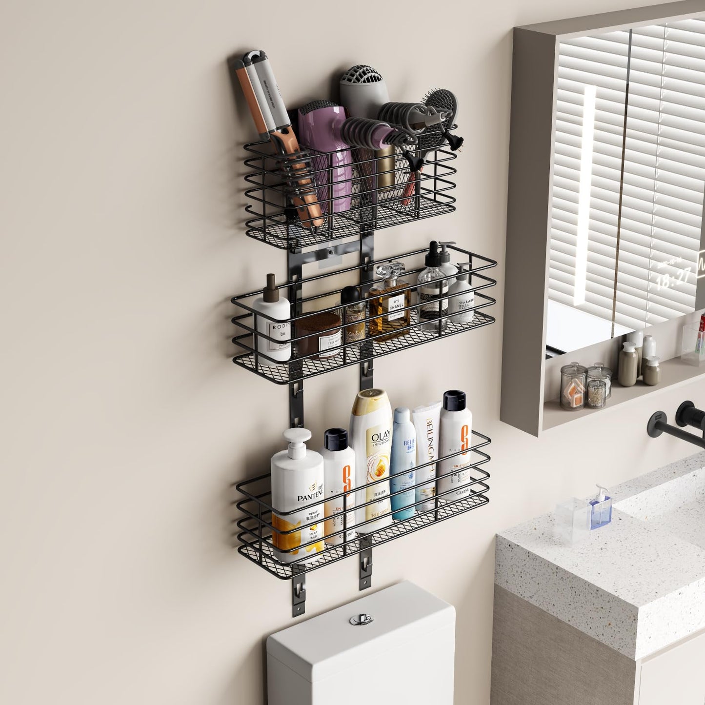 Yuyetuyo Hair Tool Organizer Over The Door Bathroom Organizer - Hair Dryer Holder - Adjustable Height, DIY Bathroom Storage Shelf Wall Mounted for Flat/Curling Irons, Hair Straighteners, Skincare