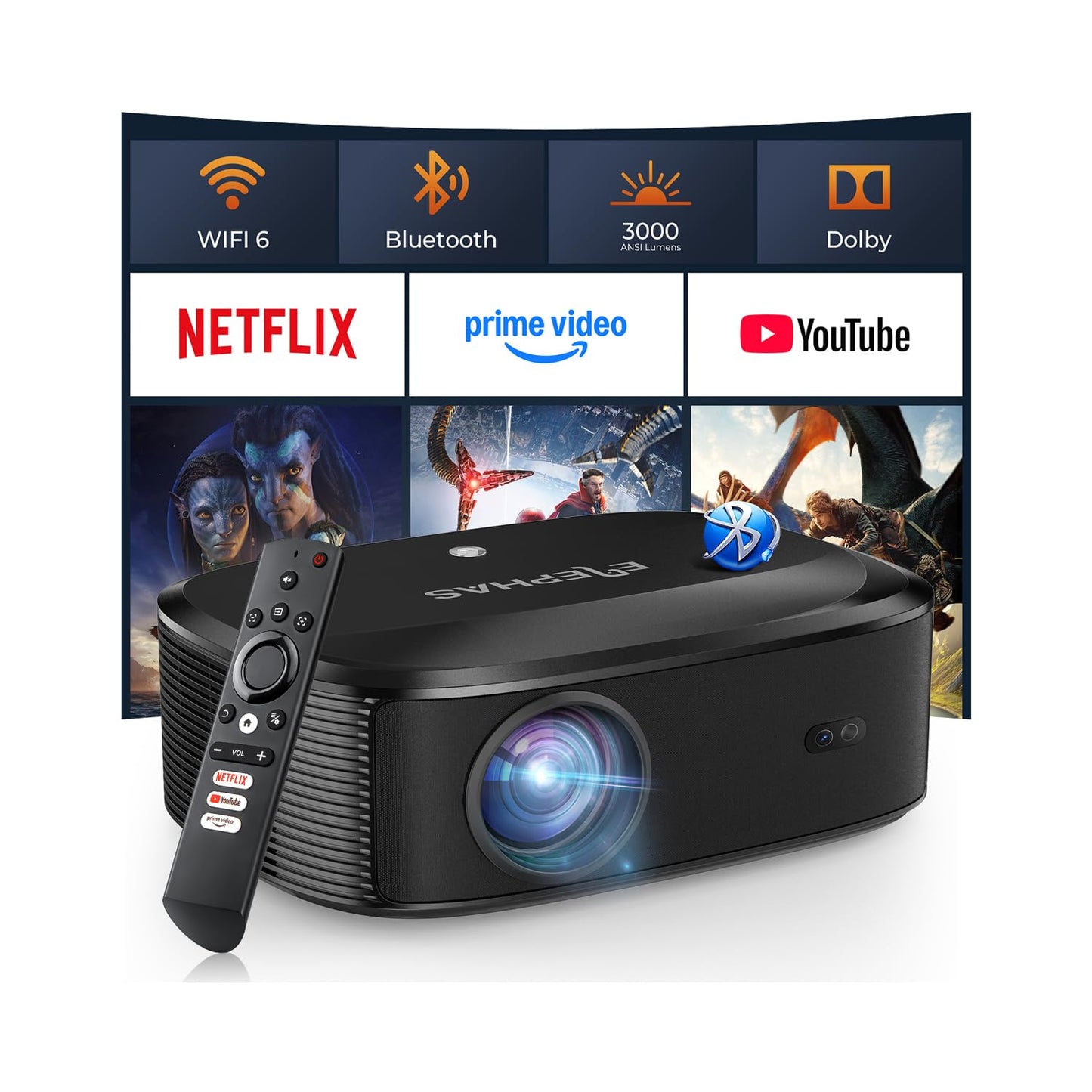 4K Projector with Wifi and Bluetooth, ELEPHAS Outdoor Movie Projector Compatible with NETFLIX/Prime Video/YouTube, 100,000+ Apps Supported, Smart Video Projector for HDMI/USB/iOS/Android/Windows