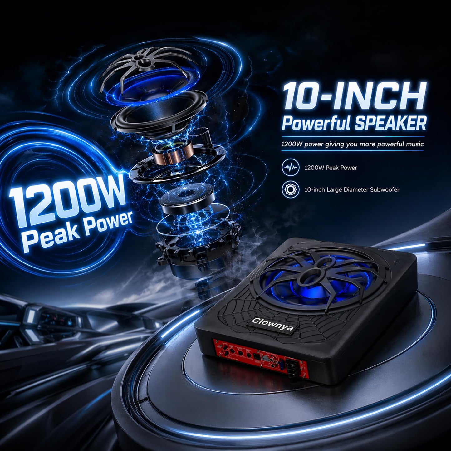 10" 1200W Slim Under-Seat Powered Car Subwoofer with Built-in Amplifier, High/Low Level Inputs, Blue LED Ambient Light, Remote Control for Gain, Bass Boost & LPF, Deep Bass for Truck/SUV/Jeep/MPV