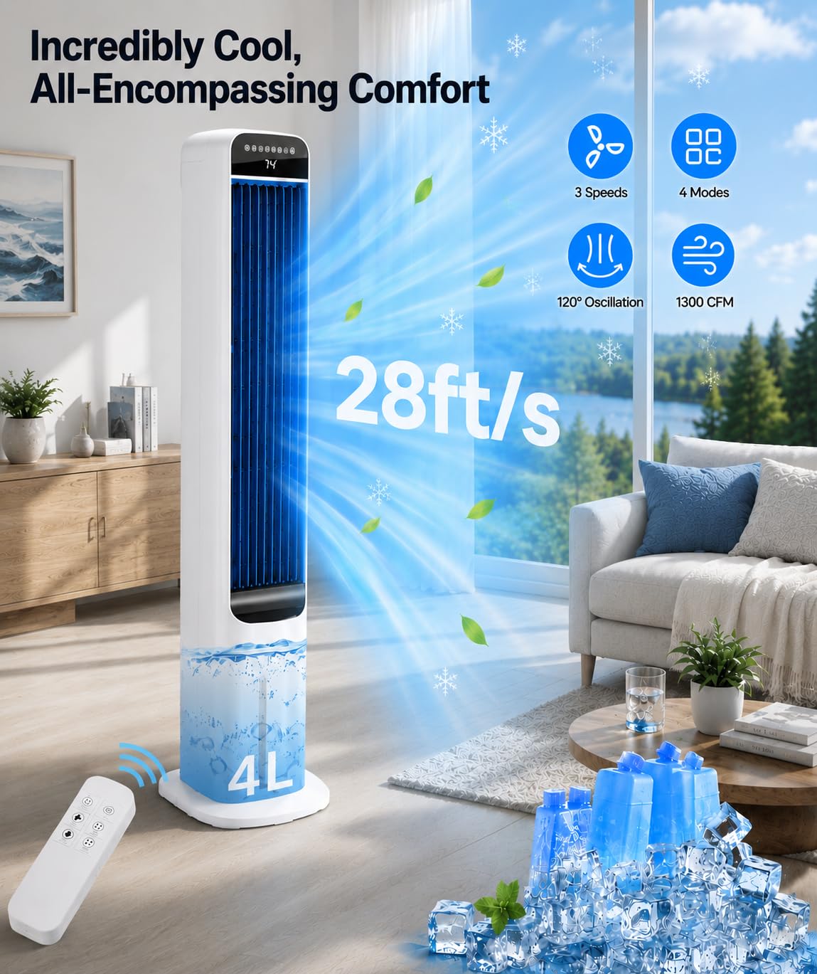 Uthfy Evaporative Air Cooler with 4 Mode, 120°Oscillation, Swamp Cooler with Remote, 12H Timer, Easy Cleaning, Portable Air Conditioner That Blow Cold Air for Bedroom, Home, Office
