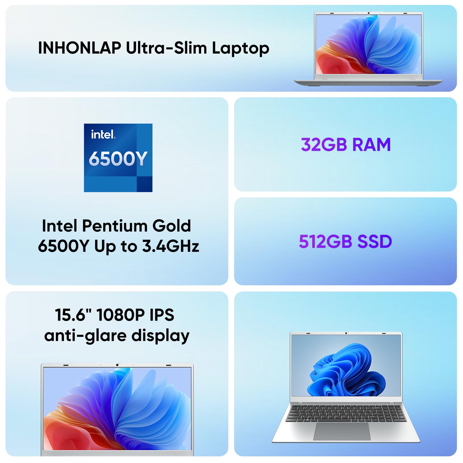 INHONLAP Laptop, 32GB RAM 512GB SSD Laptops Computer, 6500Y Processor (Beats N5095 up to 3.4GHz), 15.6" FHD IPS Display Win11 Laptop PC for Student and Business, WiFi 5, BT 5.0, Sliver