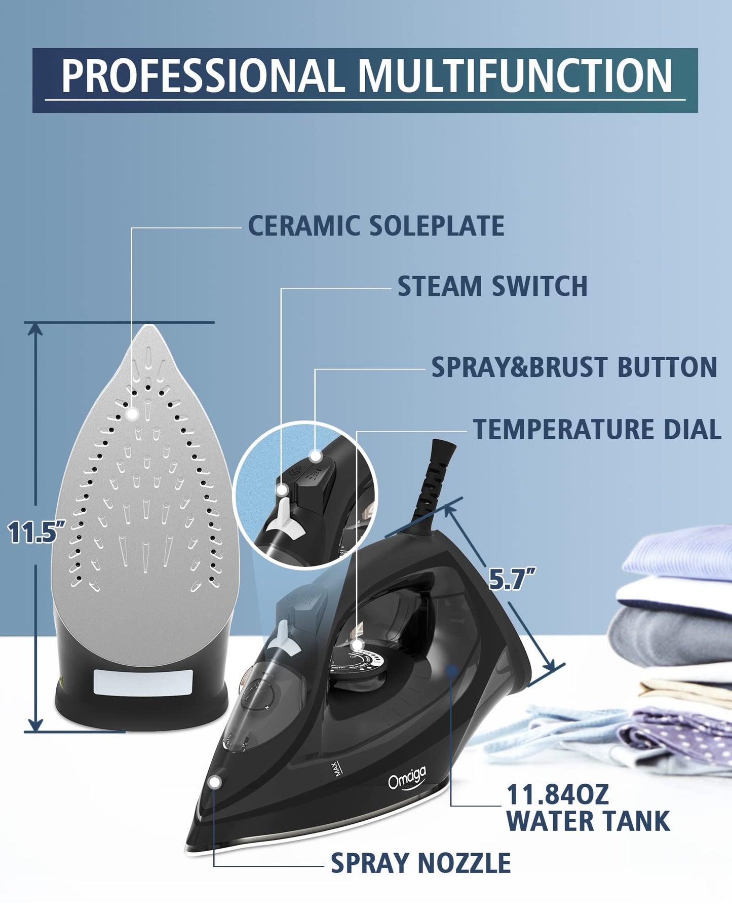 OMAIGA Steam Iron for Clothes, Cordless Clothes Iron for Home