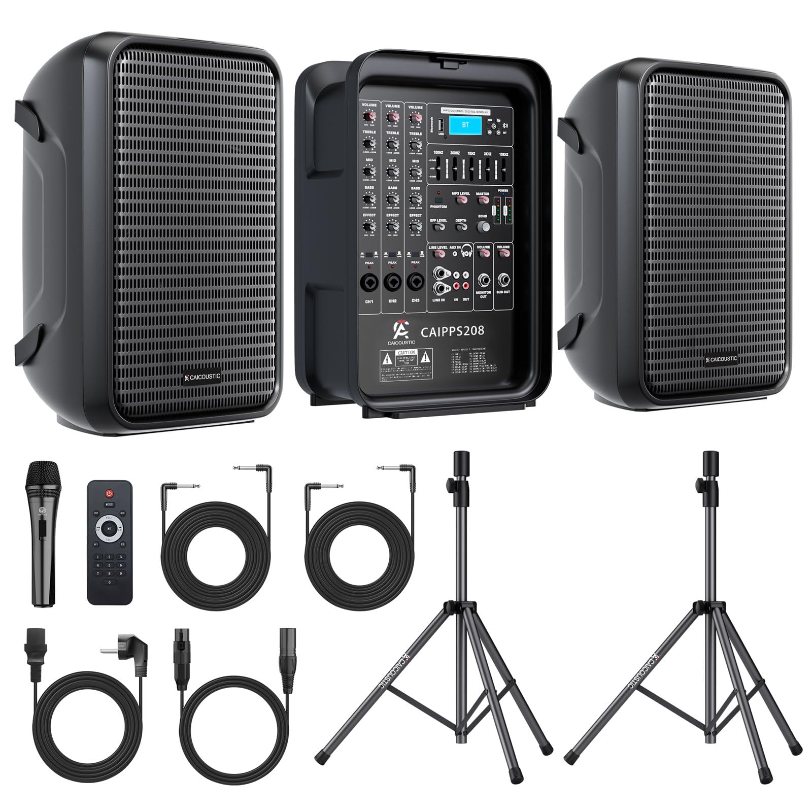 CAICOUSTIC All-in-One 2-Way PA Speaker System DJ Mixer Bundle,300W 8-Channel Mixer Bluetooth, Amplifier Kit with 8" Subwoofer and 1" Horn Tweeter,USB,2 Speaker Stands, Mic