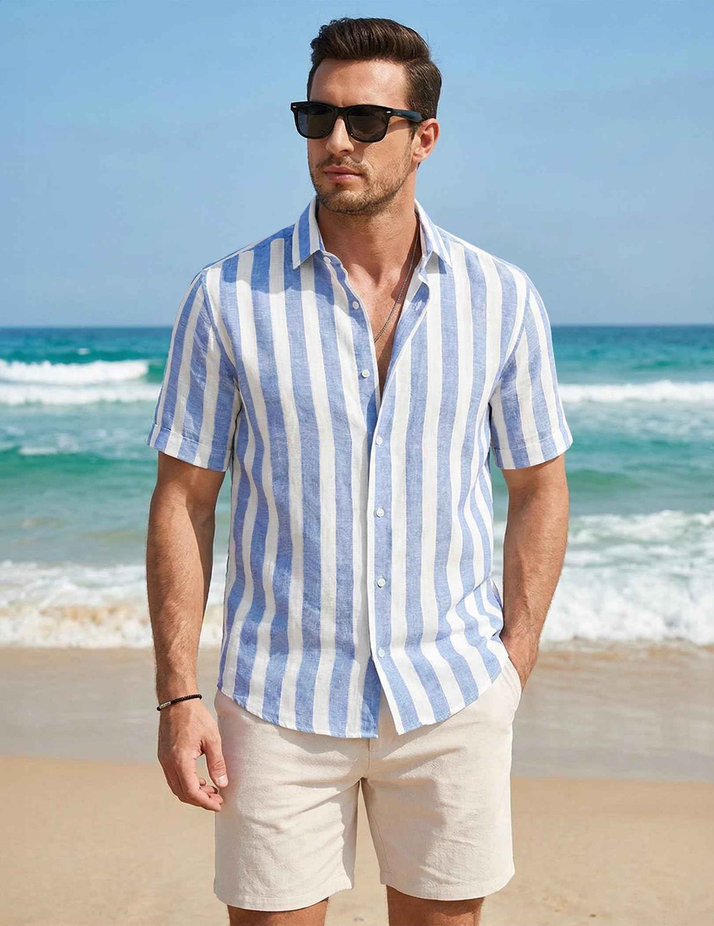 JMIERR Men's Casual Stylish Short Sleeve Button-Up Striped Dress Shirt Cotton Beach Shirts