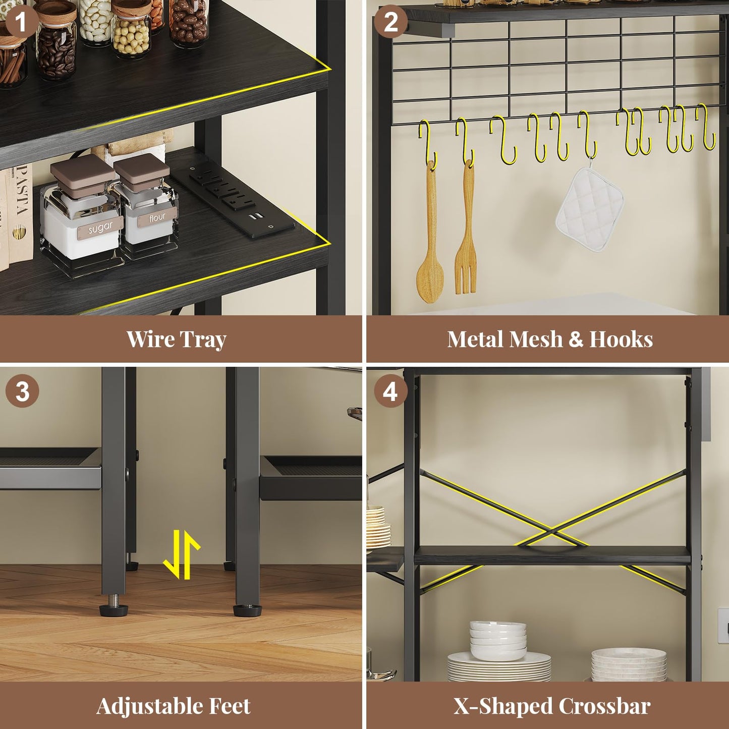 iabifo L-Shaped Bakers Rack with Power Outlet, 6-Tier Microwave Stand with Open Storage, Kitchen Shelf with Hooks,Coffee Bar for Living Room