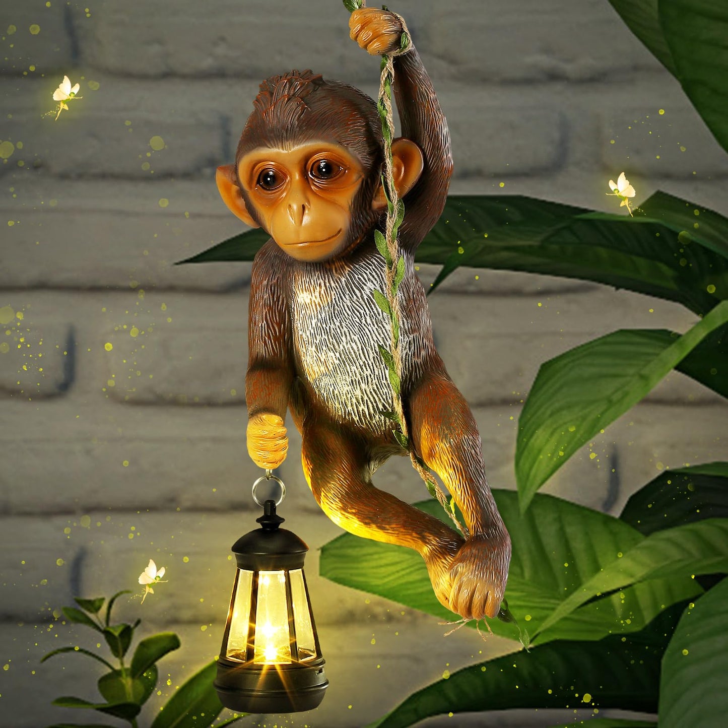 Rossesay Solar Light Outdoor Statues 7.48'' H Resin Chimpanzee Baby Monkey Climbing On A 19.68" L Vine with LED Lantern Waterproof Hanging Monkey Figurine with Hook for Yard Garden Wall