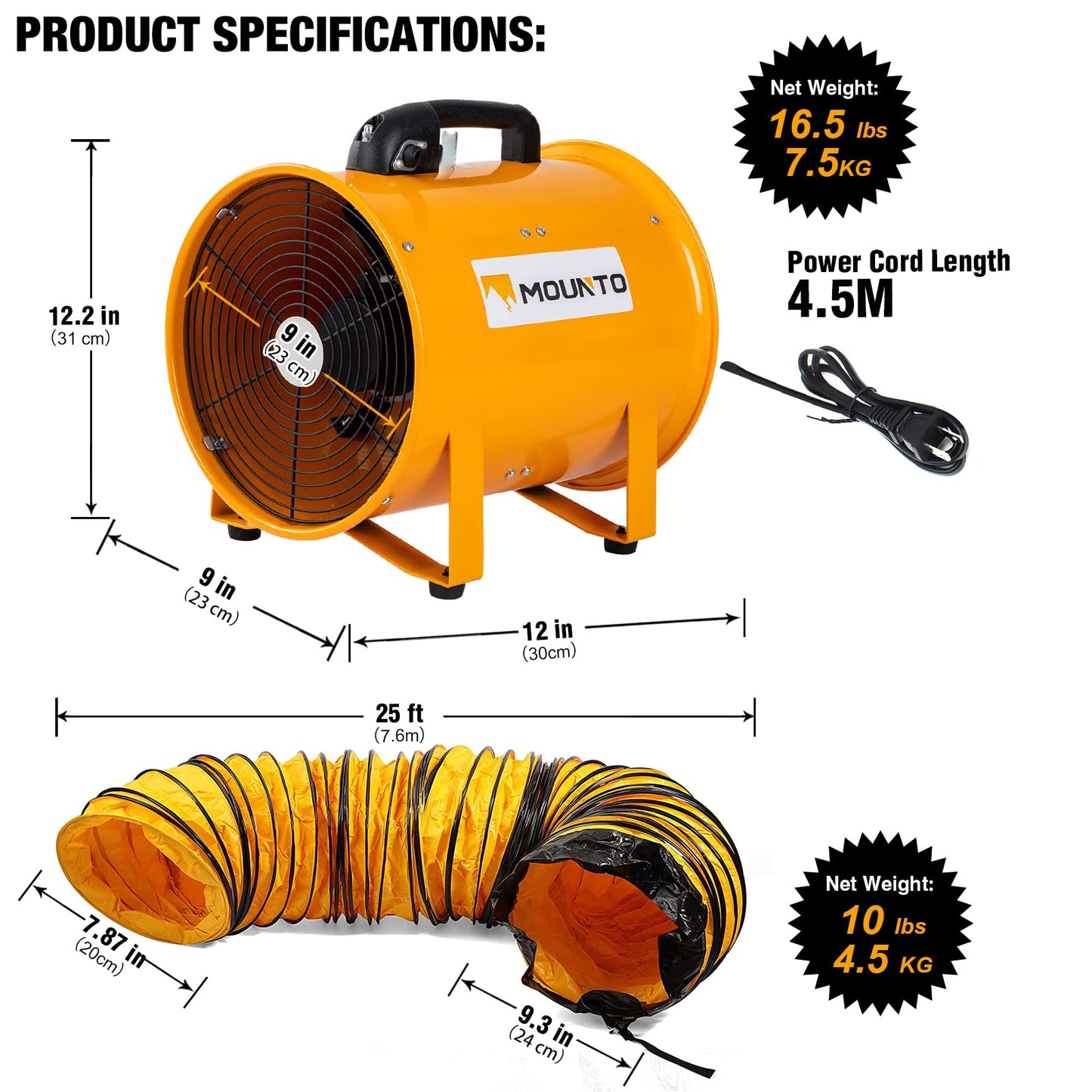 MOUNTO Combo Heavy Duty Cylinder Fan with 25-Foot Vinyl Hose
