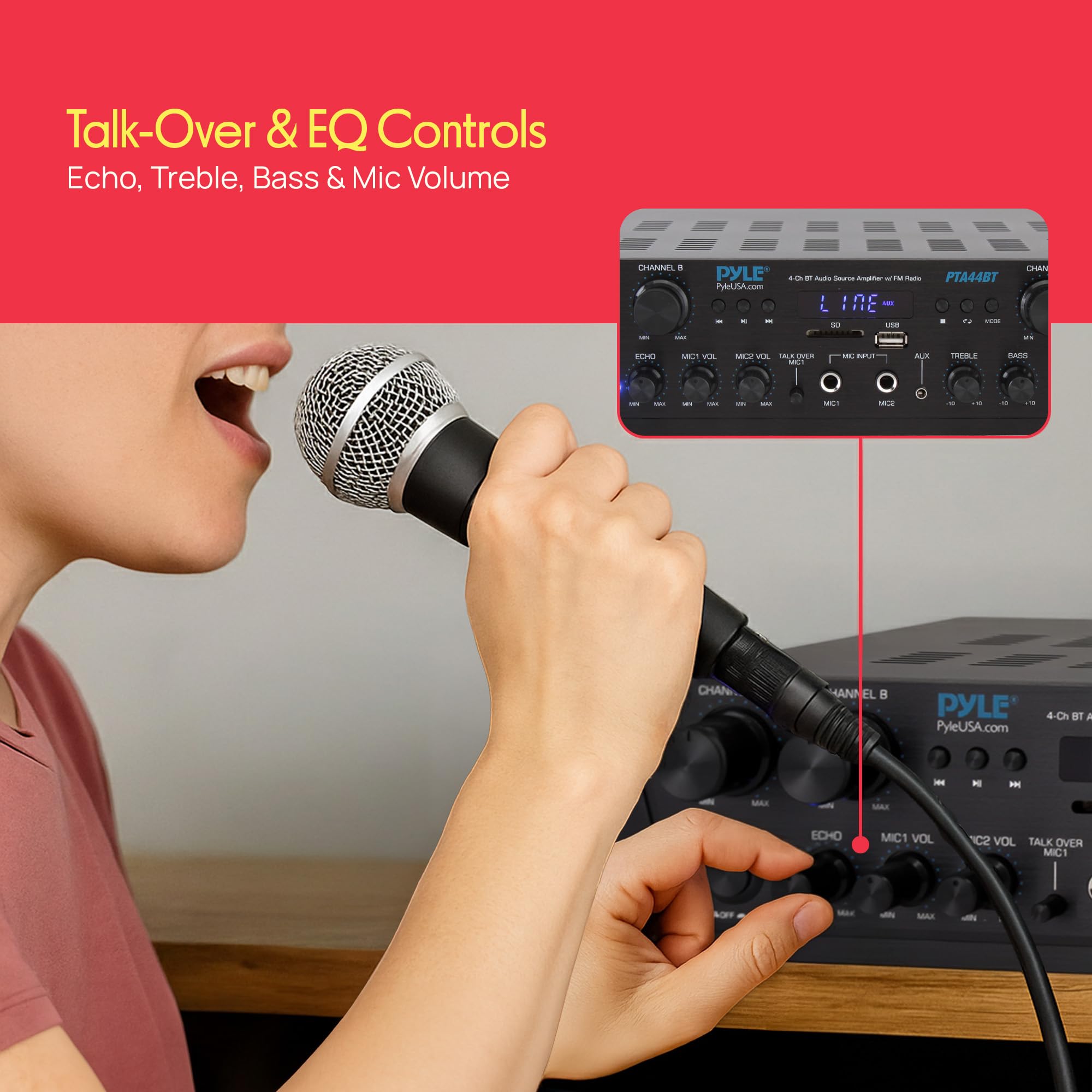 Pyle 4-Channel Audio Amplifier with Bluetooth - Home Stereo Receiver w/ 500W Max Power - Commercial or Karaoke - Dual Mic Input with Echo, Vol, Talk-Over - AUX In - Sub Out - USB-A MP3 Player, AM/FM