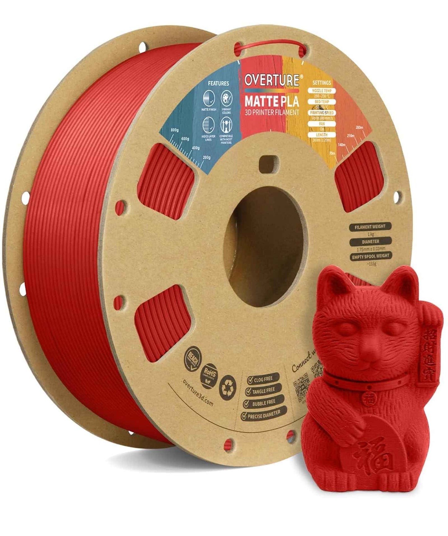 OVERTURE Matte PLA 3D Printer Filament 1.75mm, Matt Surface & Low Warping Filament 1kg Spool (2.2 lbs), Accuracy +/- 0.02 mm, Fit Most FDM Printers